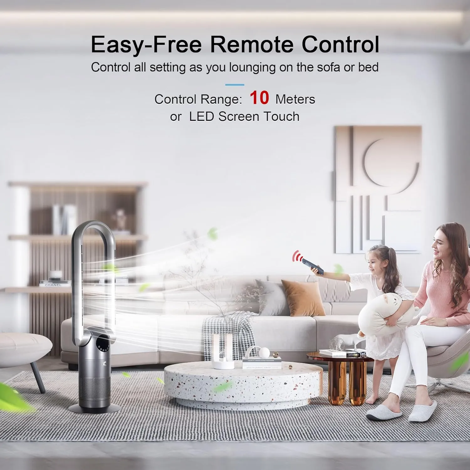 Ocean Loong Bladeless Tower Fan with Air Purifier Oscillation & Tilt Head 9Speeds 9Hours Timer and Remote Control - Quiet Cooling Fan for Bedroom Home Office (Black, 39)