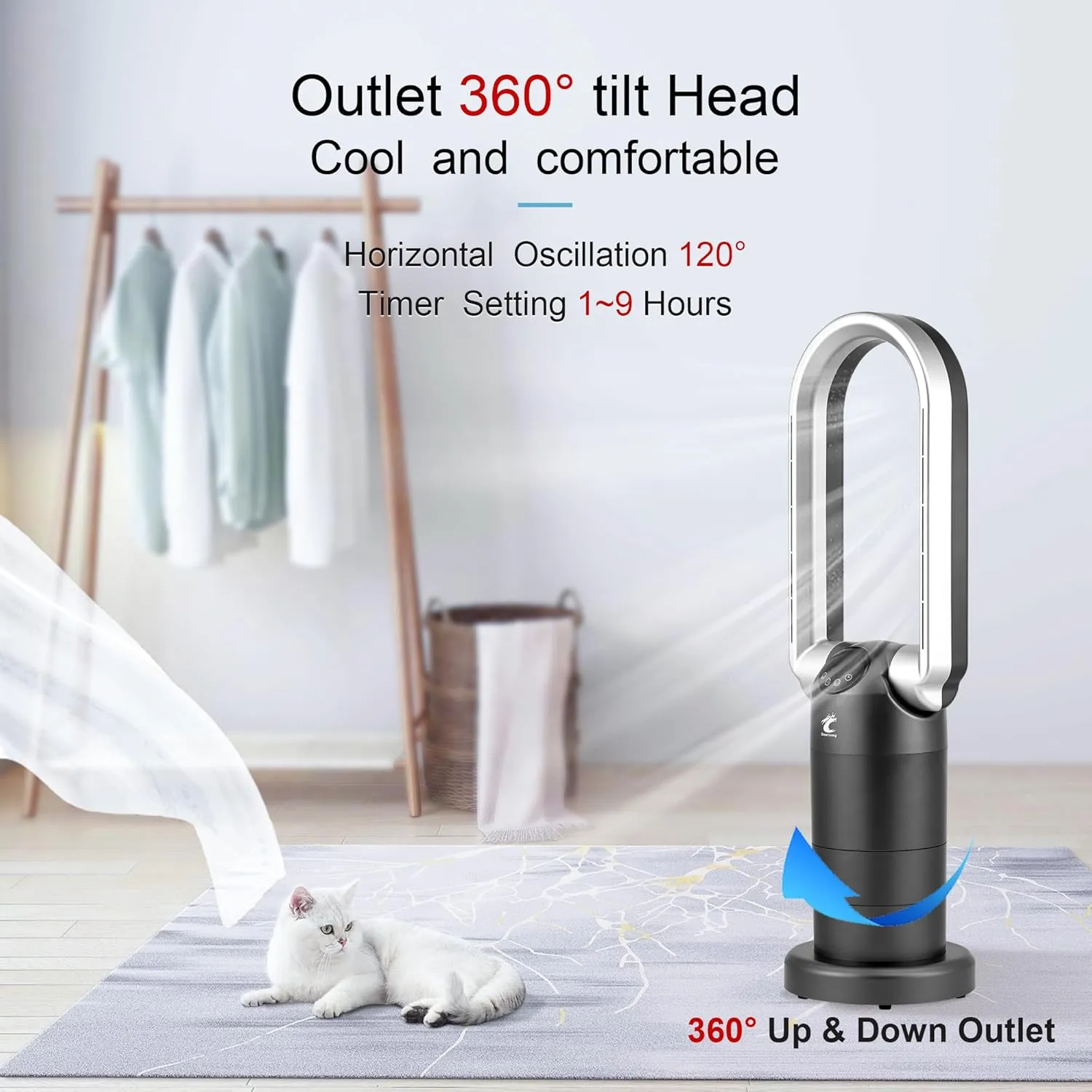Ocean Loong Bladeless Tower Fan with Air Purifier - Oscillation & Tilt Head - Quiet Cooling Fan for Bedroom Home Office 9 Speeds 9Hours Timer and Remote Control (Black, 29)