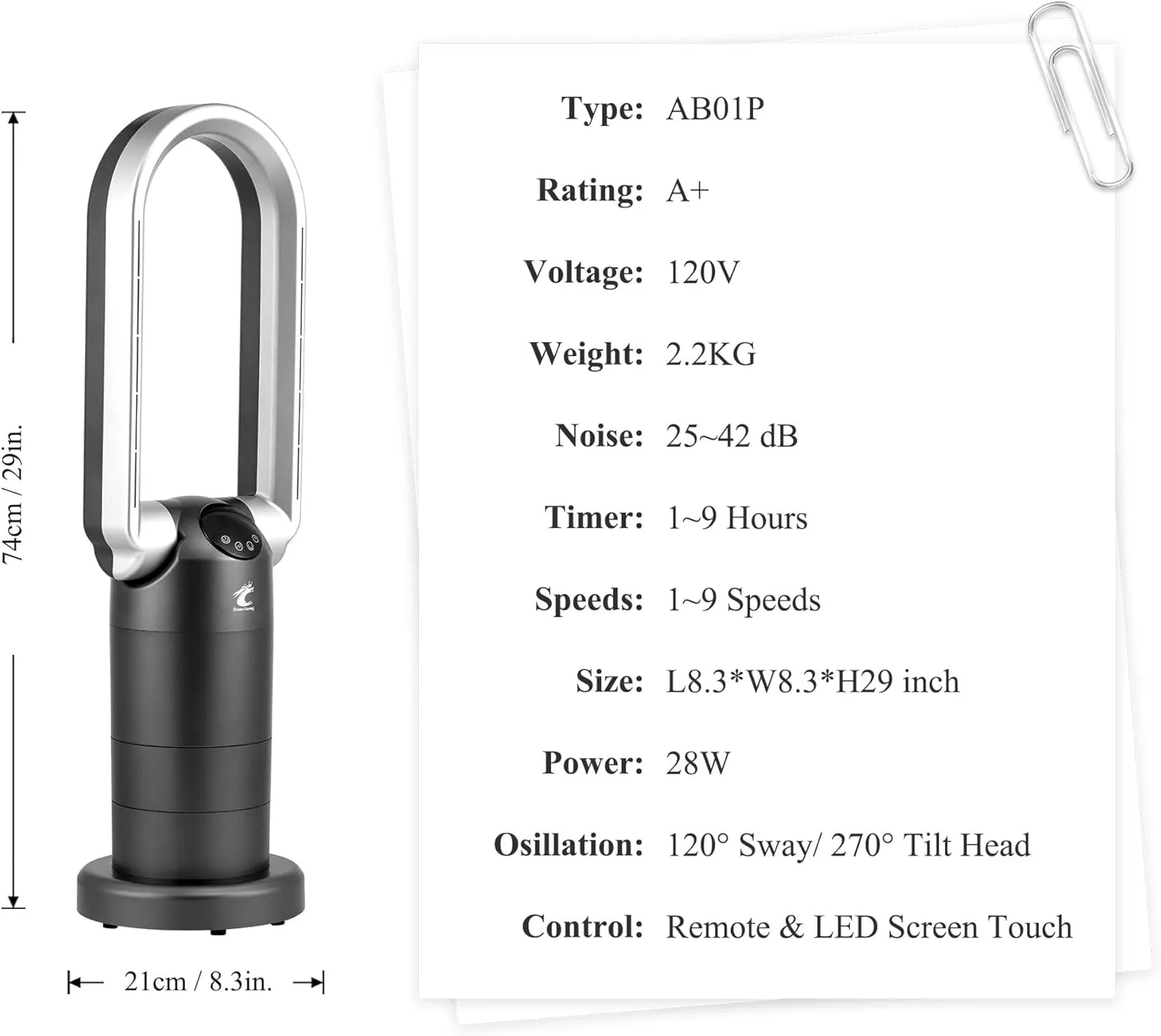 Ocean Loong Bladeless Tower Fan with Air Purifier - Oscillation & Tilt Head - Quiet Cooling Fan for Bedroom Home Office 9 Speeds 9Hours Timer and Remote Control (Black, 29)
