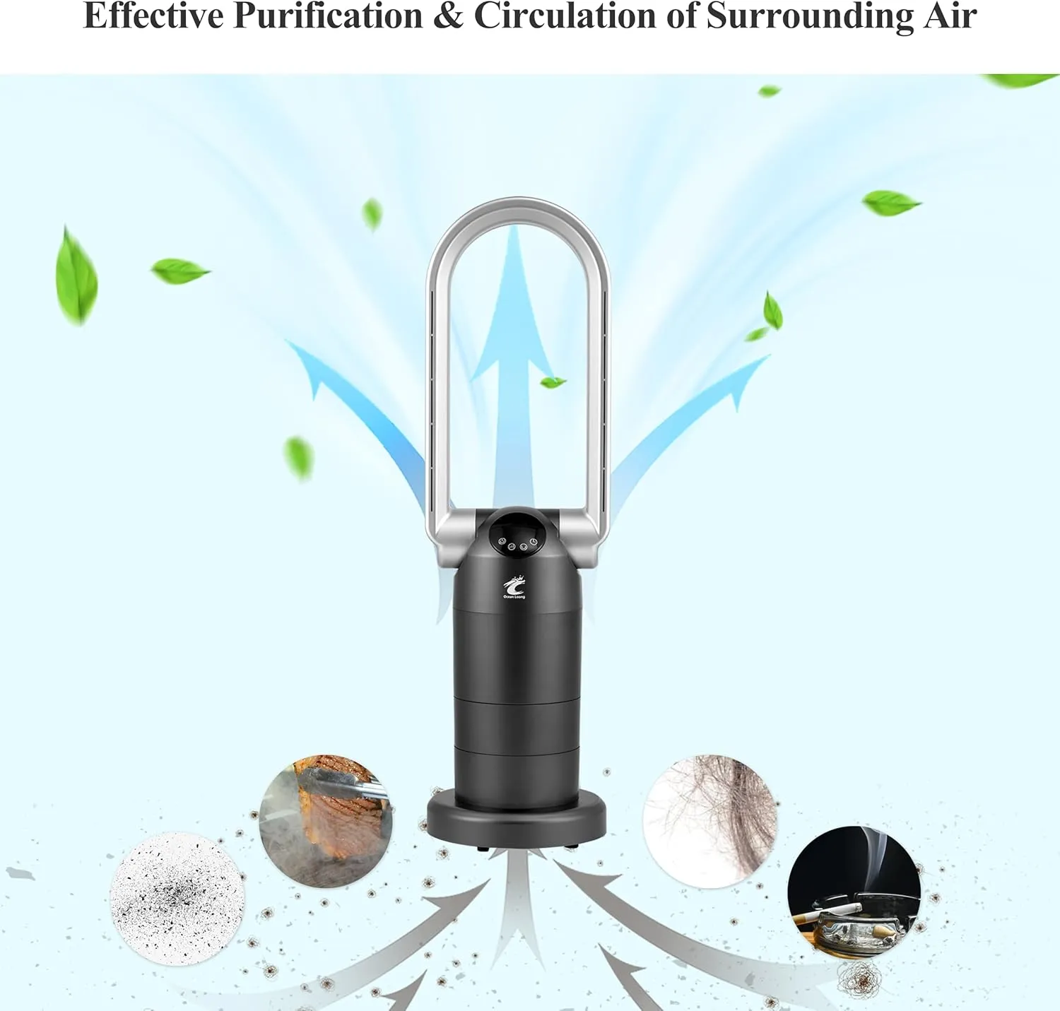 Ocean Loong Bladeless Tower Fan with Air Purifier - Oscillation & Tilt Head - Quiet Cooling Fan for Bedroom Home Office 9 Speeds 9Hours Timer and Remote Control (Black, 29)