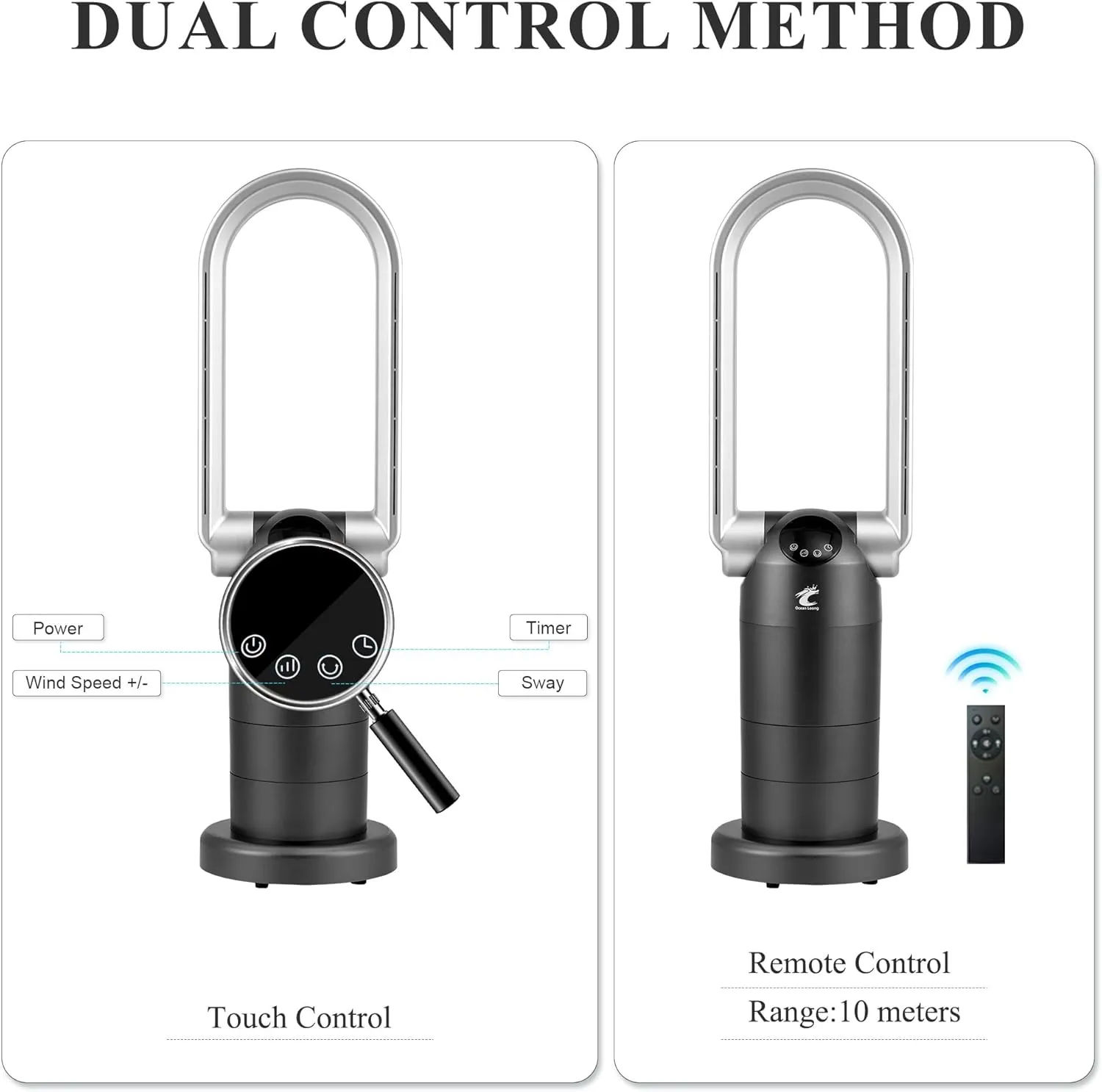 Ocean Loong Bladeless Tower Fan with Air Purifier - Oscillation & Tilt Head - Quiet Cooling Fan for Bedroom Home Office 9 Speeds 9Hours Timer and Remote Control (Black, 29)