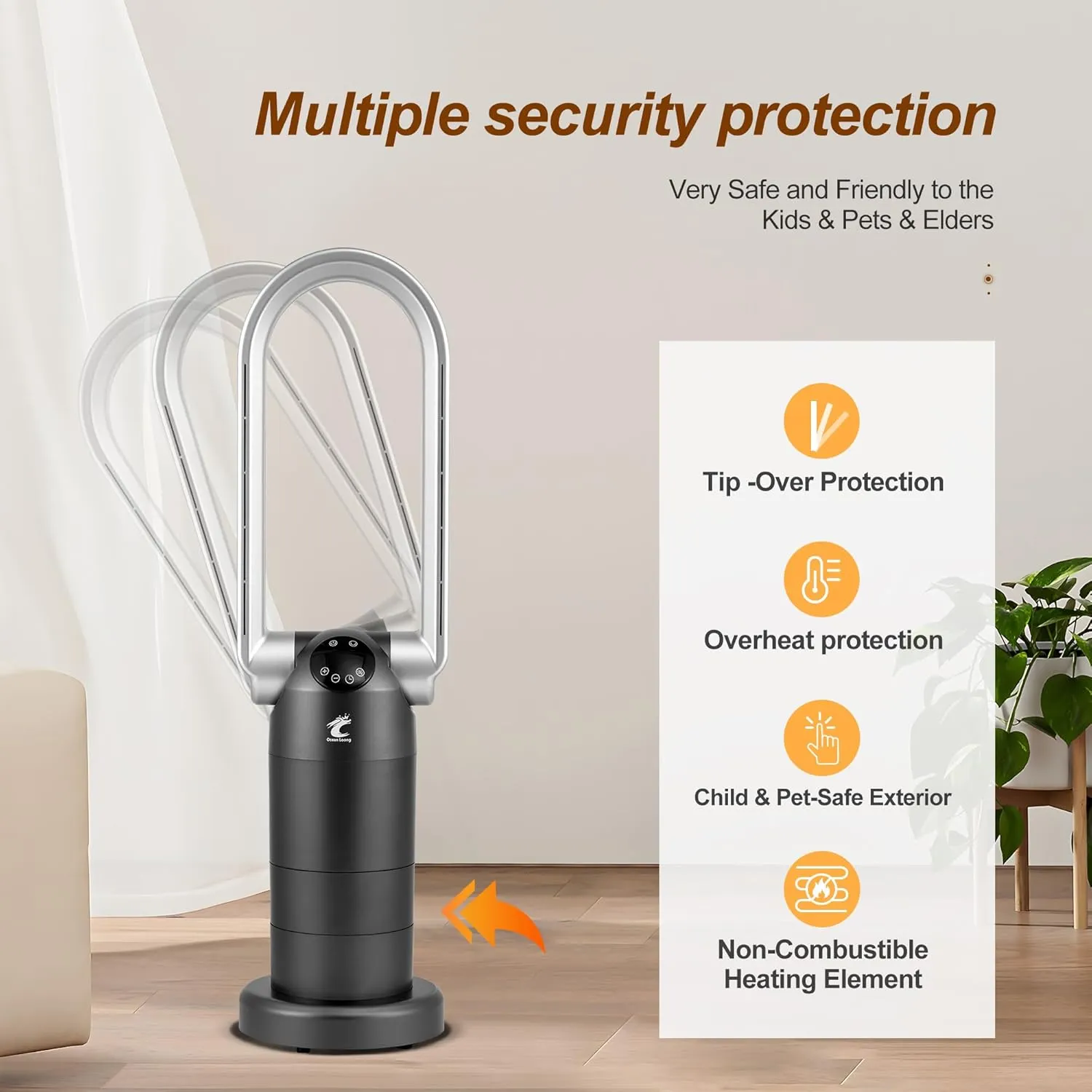 OceanLoong 1500W Bladeless Tower Fan & Space Heater Combo for Home with Remote Control Timer Oscillation Tip-Over Switch and Adjustable Thermostat, 29 AB01H (Black)
