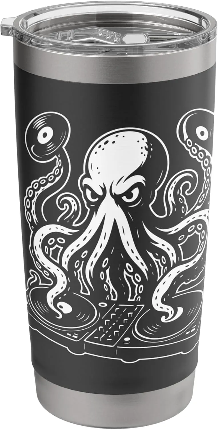 Octopus DJ for Rave Lovers, Funny EDM Dance Music Vinyl Stainless Steel Insulated Tumbler Octopus-shaped decorative fan