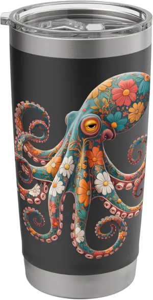 Octopus Floral Vintage Flowers Squid Kraken Scuba Diving Stainless Steel Insulated Tumbler Octopus-shaped decorative fan