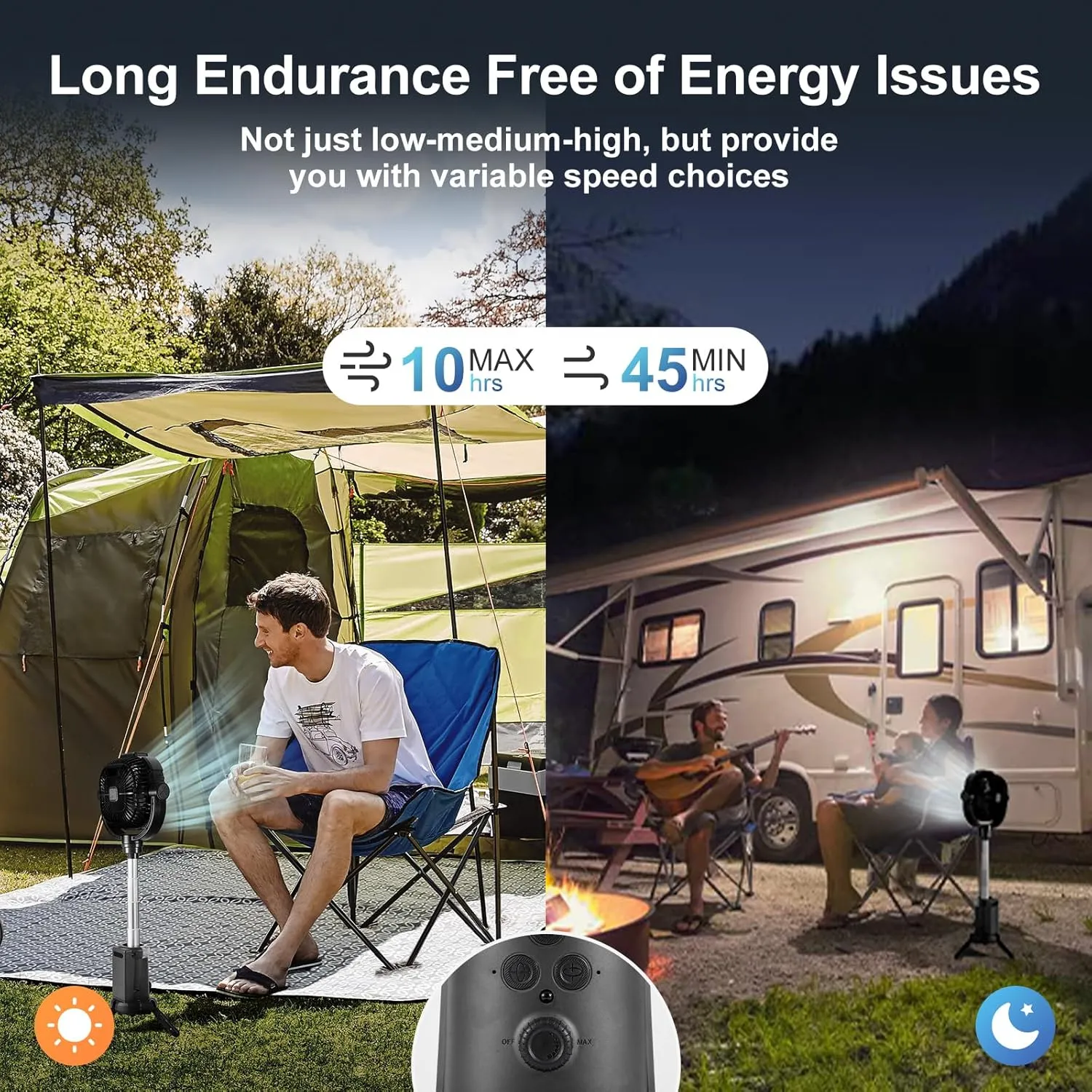 Odoland 20000mAh Camping Fan with Lantern, 360 Oscillation Rechargeable Battery Operated Outdoor Power Fan with Remote, Hook  RGB Light for Camp, Family Travel and Jobsite, Black