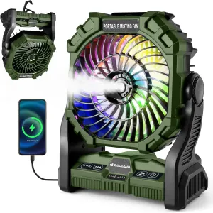 Odoland Portable Camping Fan with LED Lantern, 20000mAh Battery Operated Rechargeable Misting Fan with Light, 250mL Water Tank, Hook, Outdoor Tent Cooling Fans for Patios Beach Travel Summer, Green Battery-powered portable fan
