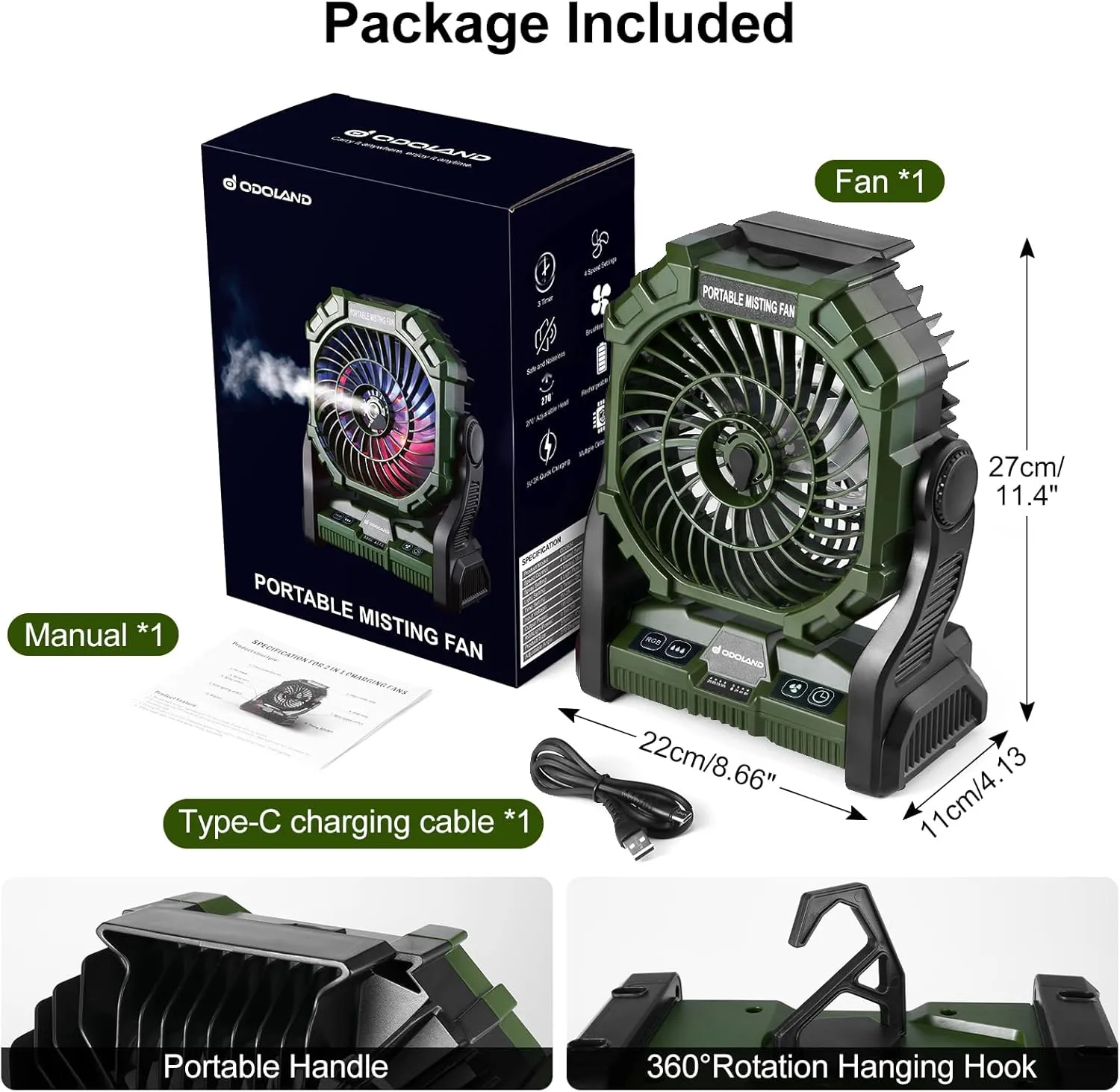 Odoland Portable Camping Fan with LED Lantern, 20000mAh Battery Operated Rechargeable Misting Fan with Light, 250mL Water Tank, Hook, Outdoor Tent Cooling Fans for Patios Beach Travel Summer, Green
