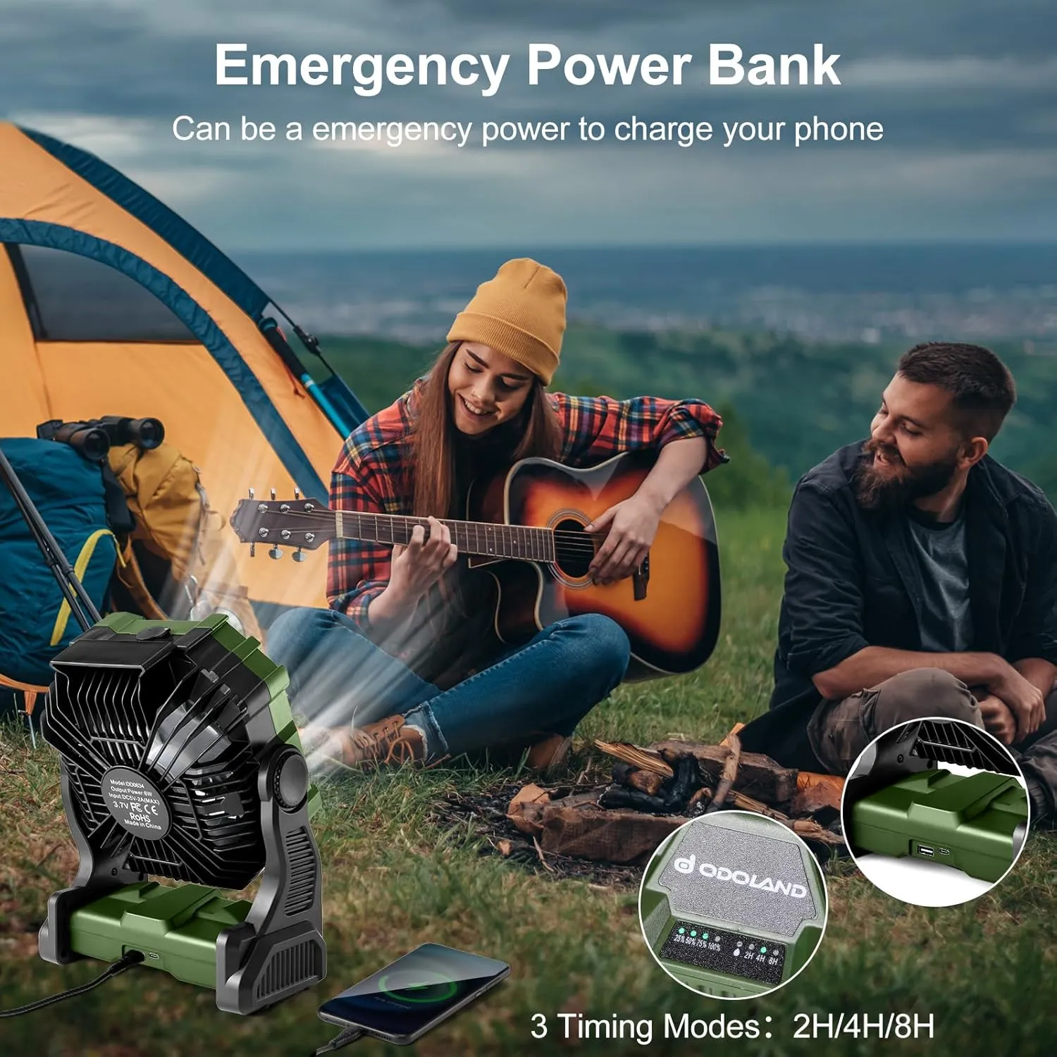 Odoland Portable Camping Fan with LED Lantern, 20000mAh Battery Operated Rechargeable Misting Fan with Light, 250mL Water Tank, Hook, Outdoor Tent Cooling Fans for Patios Beach Travel Summer, Green