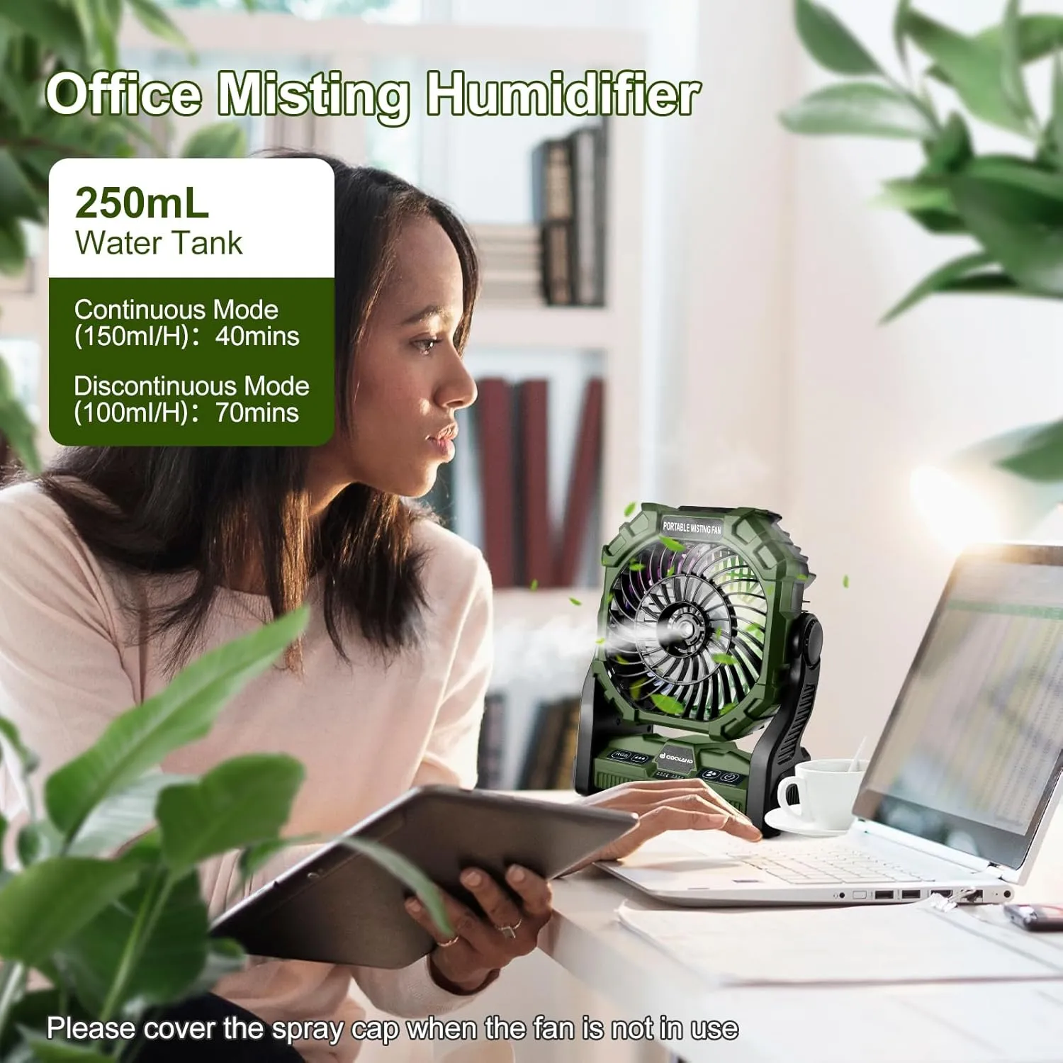 Odoland Portable Camping Fan with LED Lantern, 20000mAh Battery Operated Rechargeable Misting Fan with Light, 250mL Water Tank, Hook, Outdoor Tent Cooling Fans for Patios Beach Travel Summer, Green