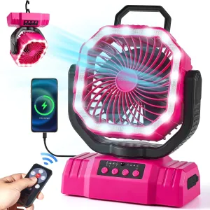 Odoland Portable Camping Fan with LED Lantern, 20000mAh Rechargeable Battery Powered Fan with Auto Oscillation, Timer, Remote, 360 Rotation Hook, 4 Speeds Tent Fan for Power Outage Travel Home, Pink Battery-powered portable fan