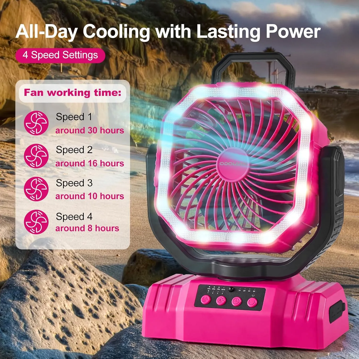 Odoland Portable Camping Fan with LED Lantern, 20000mAh Rechargeable Battery Powered Fan with Auto Oscillation, Timer, Remote, 360 Rotation Hook, 4 Speeds Tent Fan for Power Outage Travel Home, Pink