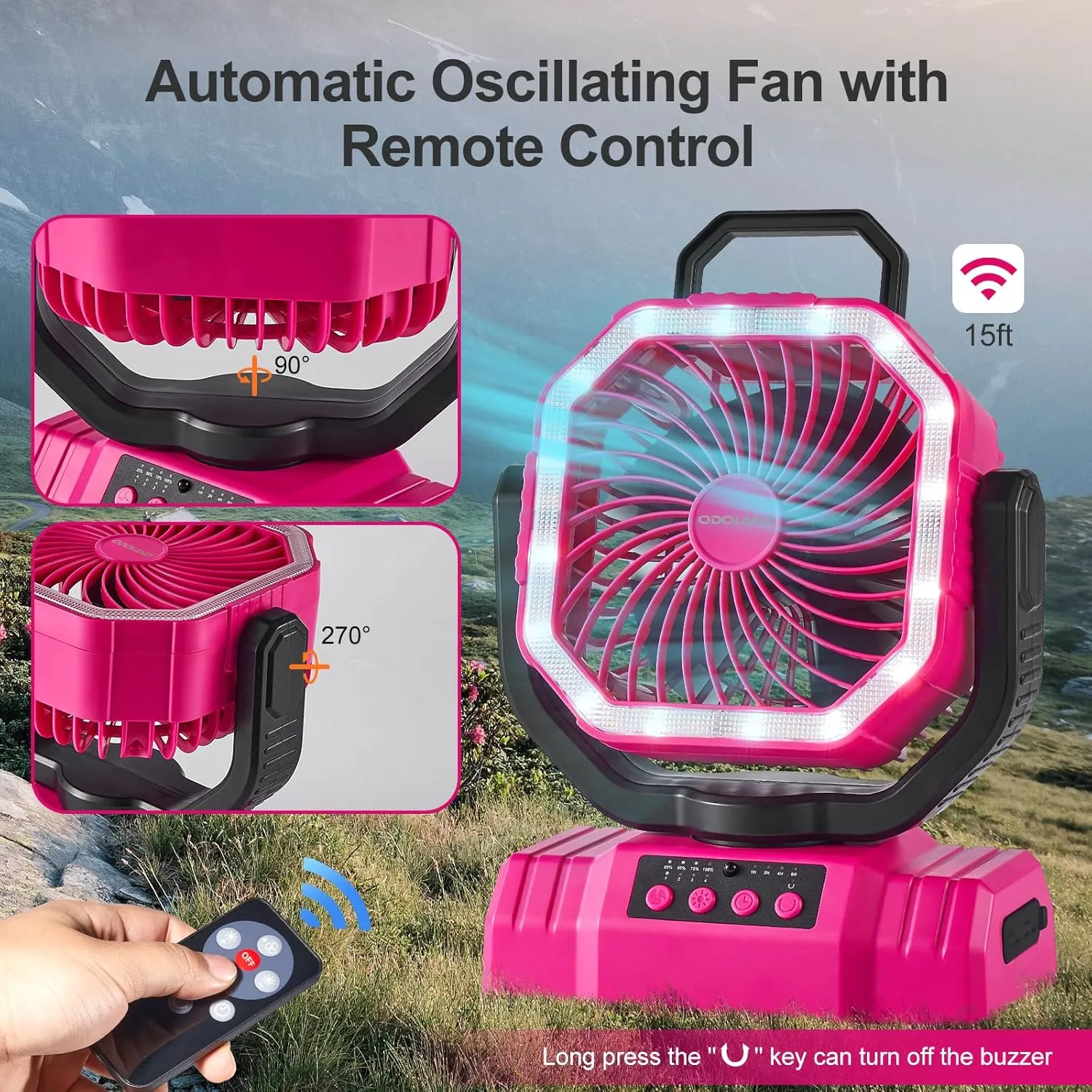 Odoland Portable Camping Fan with LED Lantern, 20000mAh Rechargeable Battery Powered Fan with Auto Oscillation, Timer, Remote, 360 Rotation Hook, 4 Speeds Tent Fan for Power Outage Travel Home, Pink