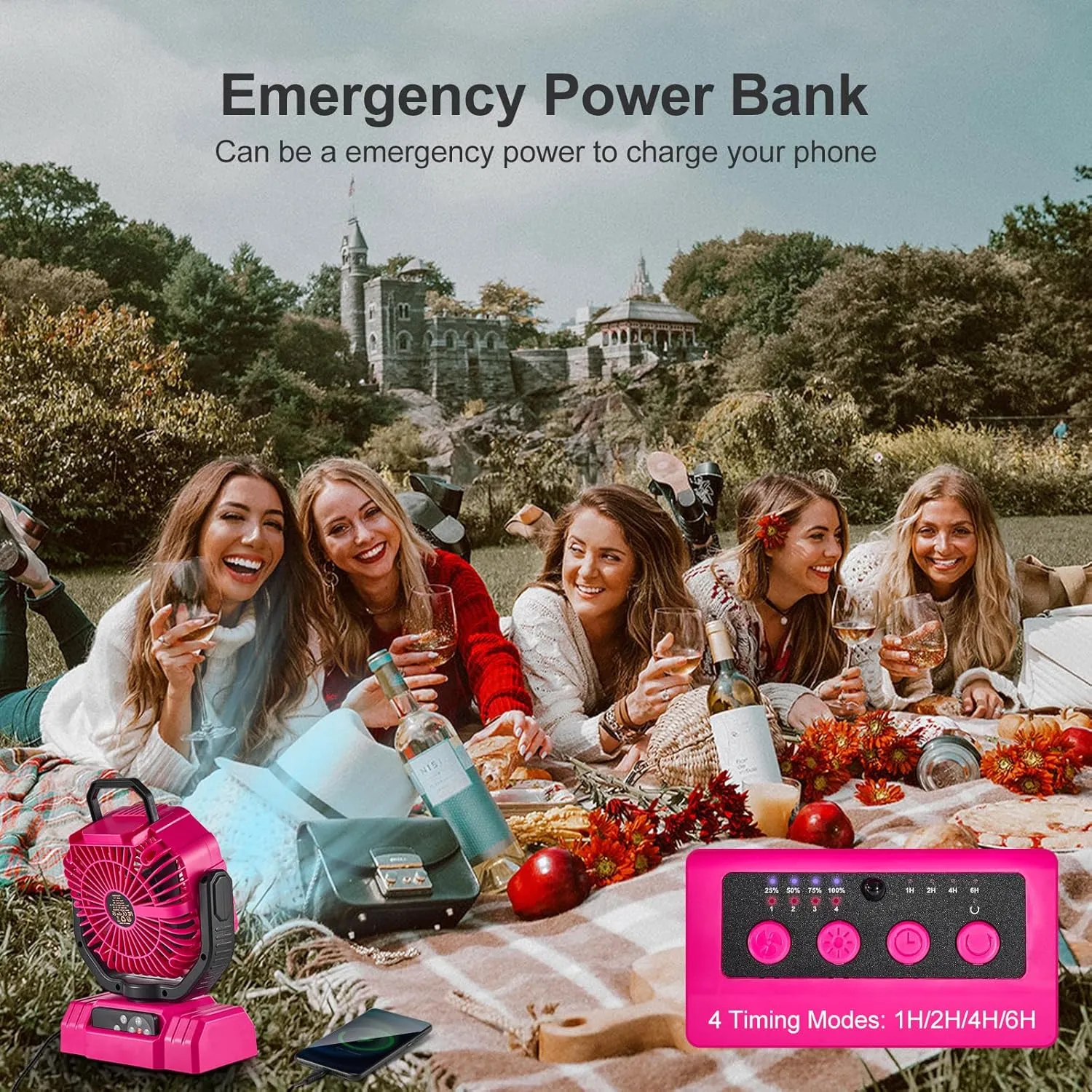 Odoland Portable Camping Fan with LED Lantern, 20000mAh Rechargeable Battery Powered Fan with Auto Oscillation, Timer, Remote, 360 Rotation Hook, 4 Speeds Tent Fan for Power Outage Travel Home, Pink