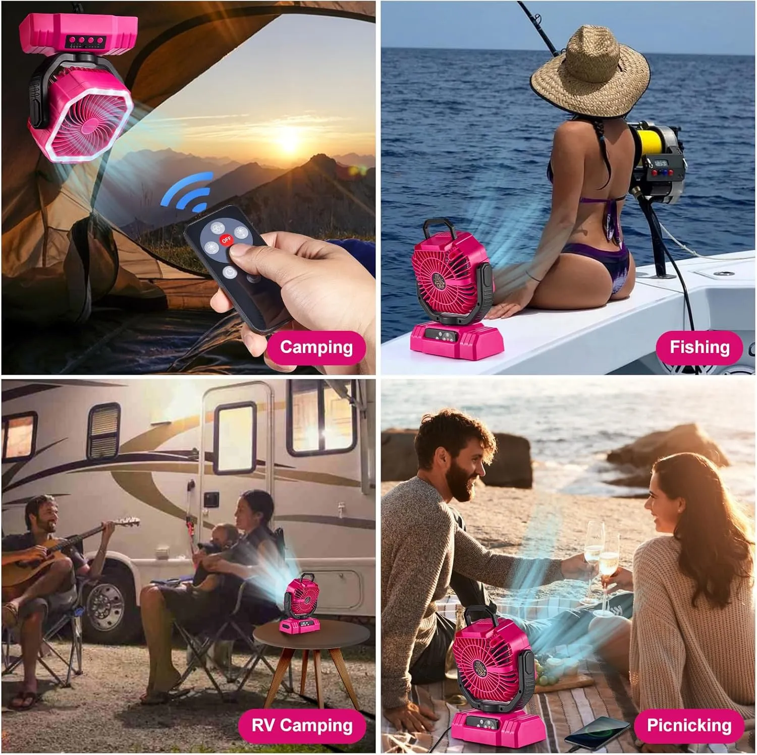Odoland Portable Camping Fan with LED Lantern, 20000mAh Rechargeable Battery Powered Fan with Auto Oscillation, Timer, Remote, 360 Rotation Hook, 4 Speeds Tent Fan for Power Outage Travel Home, Pink