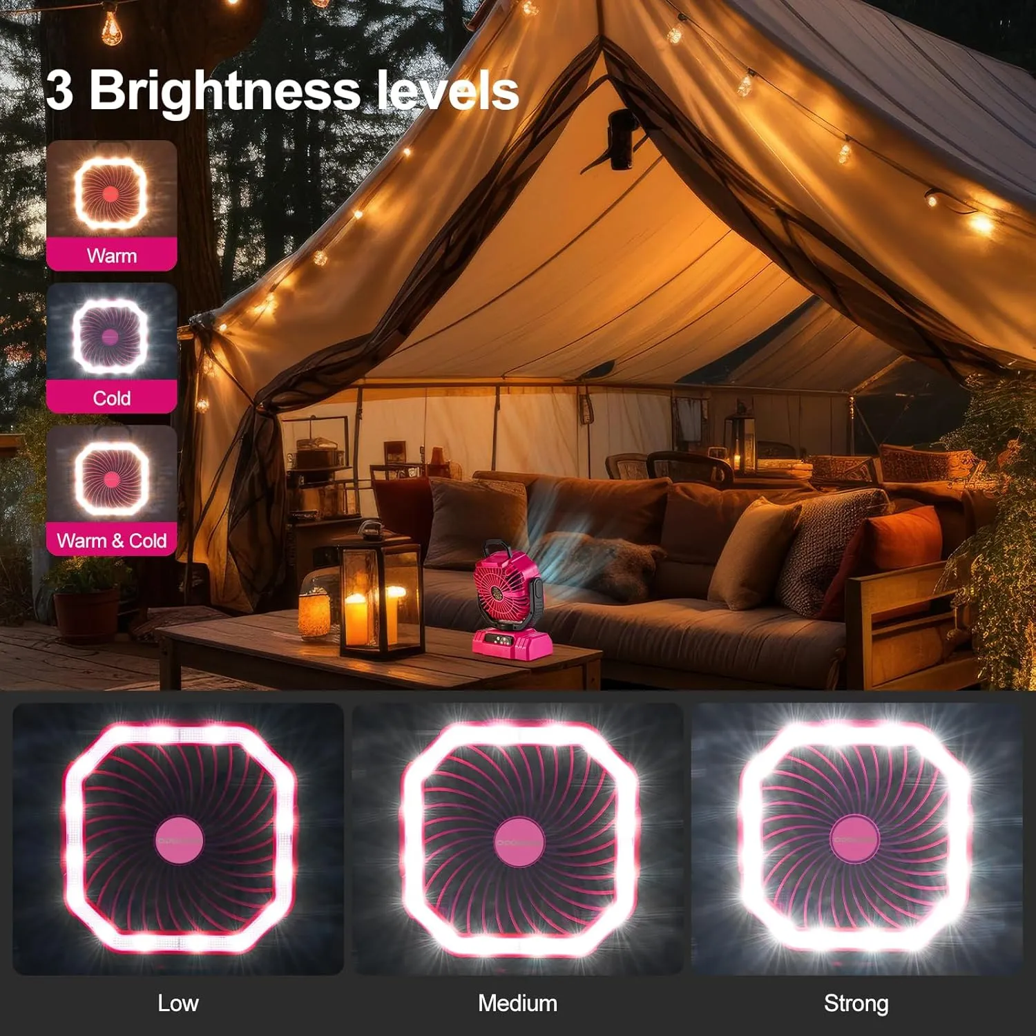 Odoland Portable Camping Fan with LED Lantern, 20000mAh Rechargeable Battery Powered Fan with Auto Oscillation, Timer, Remote, 360 Rotation Hook, 4 Speeds Tent Fan for Power Outage Travel Home, Pink