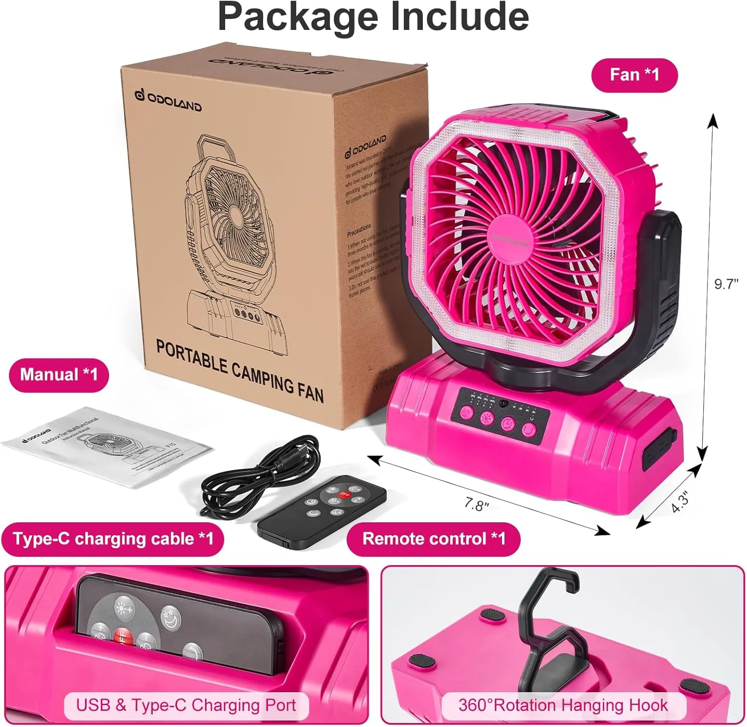 Odoland Portable Camping Fan with LED Lantern, 20000mAh Rechargeable Battery Powered Fan with Auto Oscillation, Timer, Remote, 360 Rotation Hook, 4 Speeds Tent Fan for Power Outage Travel Home, Pink