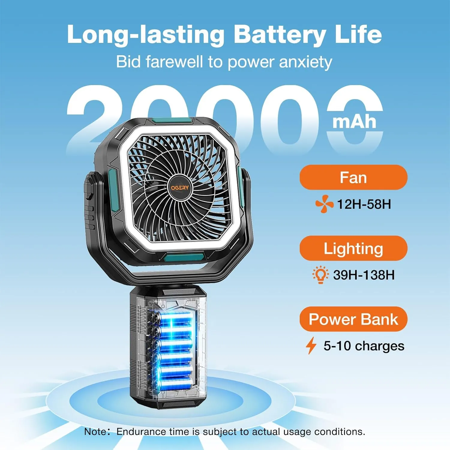 OGERY F21 Camping Fan with Stand, 20000mAh Rechargeable Battery Powered Standing Fan, LED Lanterns for Power Outages, Strong Wind, Fast Charging for Tent, Travel, Bedroom, Camping Essentials
