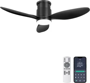 Ohniyou 42'' Flush Mount Ceiling Fan with Lights, Remote/App Control, Dimmable, Quiet Indoor/Outdoor Ceiling Fan for Covered Patio, Bedroom, Kitchen, Black App-controlled remote fan for convenience