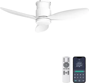 Ohniyou 42'' Flush Mount Ceiling Fan with Lights, Remote/App Control, Dimmable, Silent Indoor/Outdoor Ceiling Fan for Porch, Bedroom, Kitchen, White App-controlled remote fan for convenience
