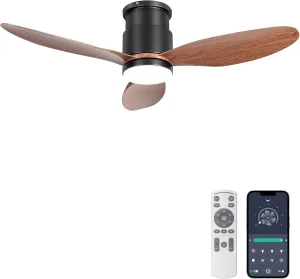 Ohniyou 42'' Low Profile Ceiling Fan with Lights, Remote/App Control, Dimmable, Quiet Indoor/Outdoor Ceiling Fan for Covered Patio, Bedroom, Kitchen, Walnut Color App-controlled remote fan for convenience