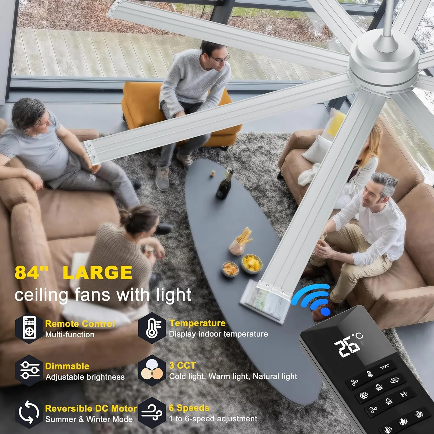 Ohniyou 84" Large Industrial Ceiling Fans with Light, Remote Control Silent DC Ceiling Fan, Dimmable Big Ceiling Fans for Shop Outdoor Patio Garage, Silver