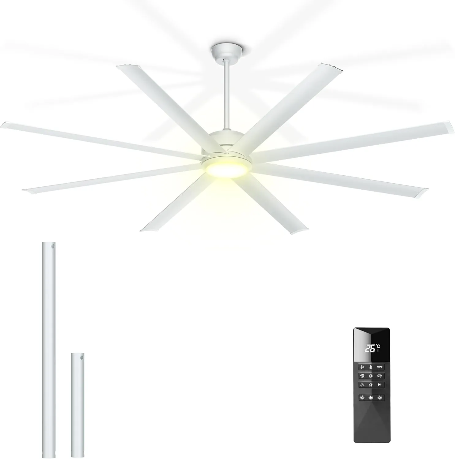 Ohniyou 84" Large Industrial Ceiling Fans with Light, Remote Control Silent DC Ceiling Fan, Dimmable Big Ceiling Fans for Shop Outdoor Patio Garage, Silver App-controlled remote fan for convenience