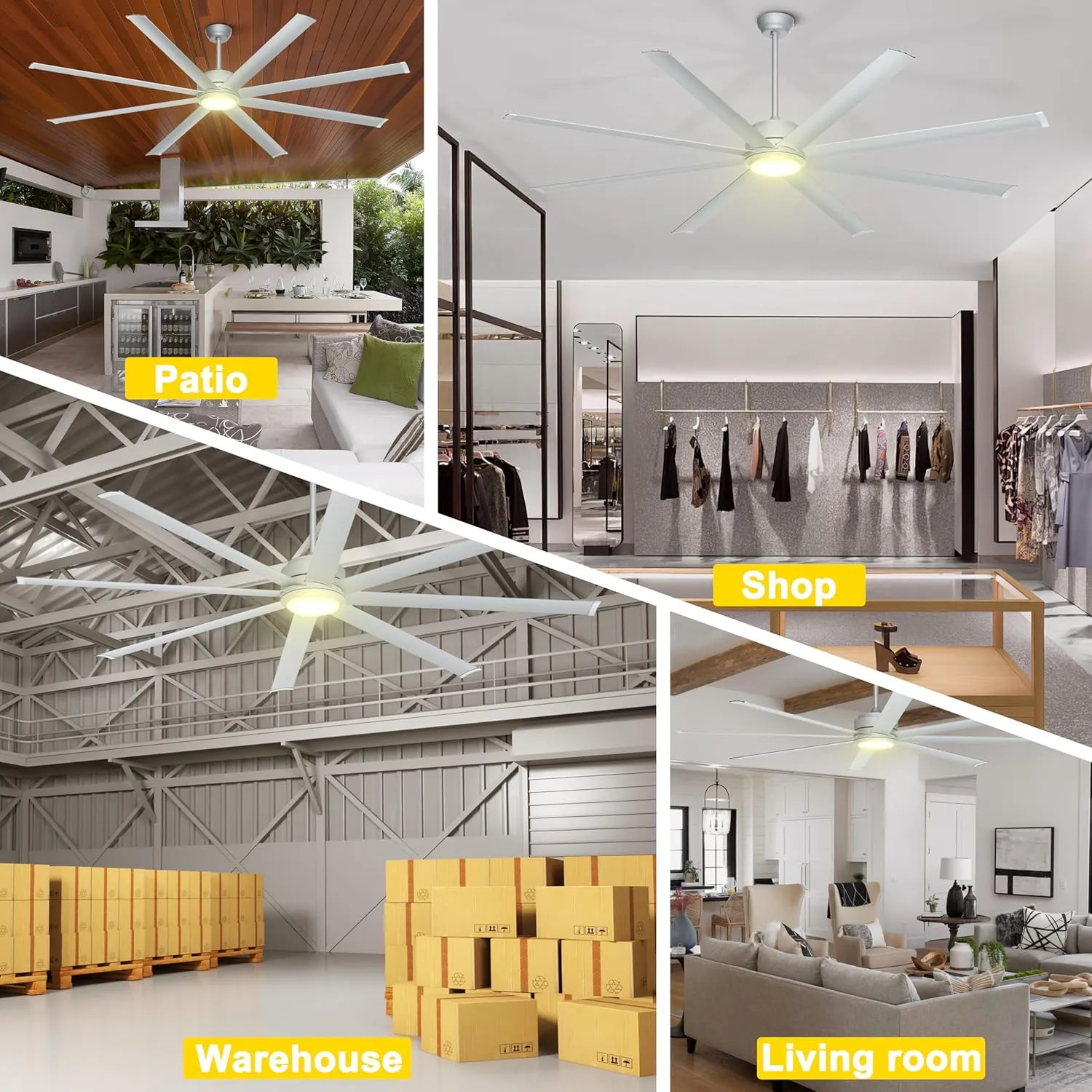 Ohniyou 84" Large Industrial Ceiling Fans with Light, Remote Control Silent DC Ceiling Fan, Dimmable Big Ceiling Fans for Shop Outdoor Patio Garage, Silver