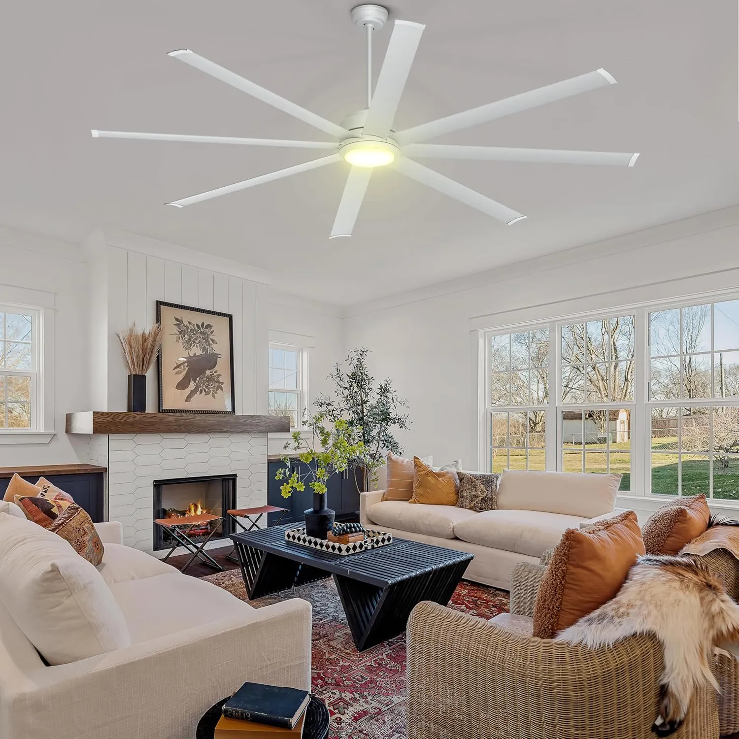 Ohniyou 84" Large Industrial Ceiling Fans with Light, Remote Control Silent DC Ceiling Fan, Dimmable Big Ceiling Fans for Shop Outdoor Patio Garage, Silver