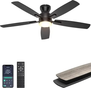 Ohniyou Ceiling Fans with Lights, 52'' Low Profile Ceiling Fan with Light and Remote/APP Control, Modern Flush Mount Ceiling Fan for Indoor Bedroom Living Room, Dimmable, Qiuet DC Motor, Black App-controlled remote fan for convenience