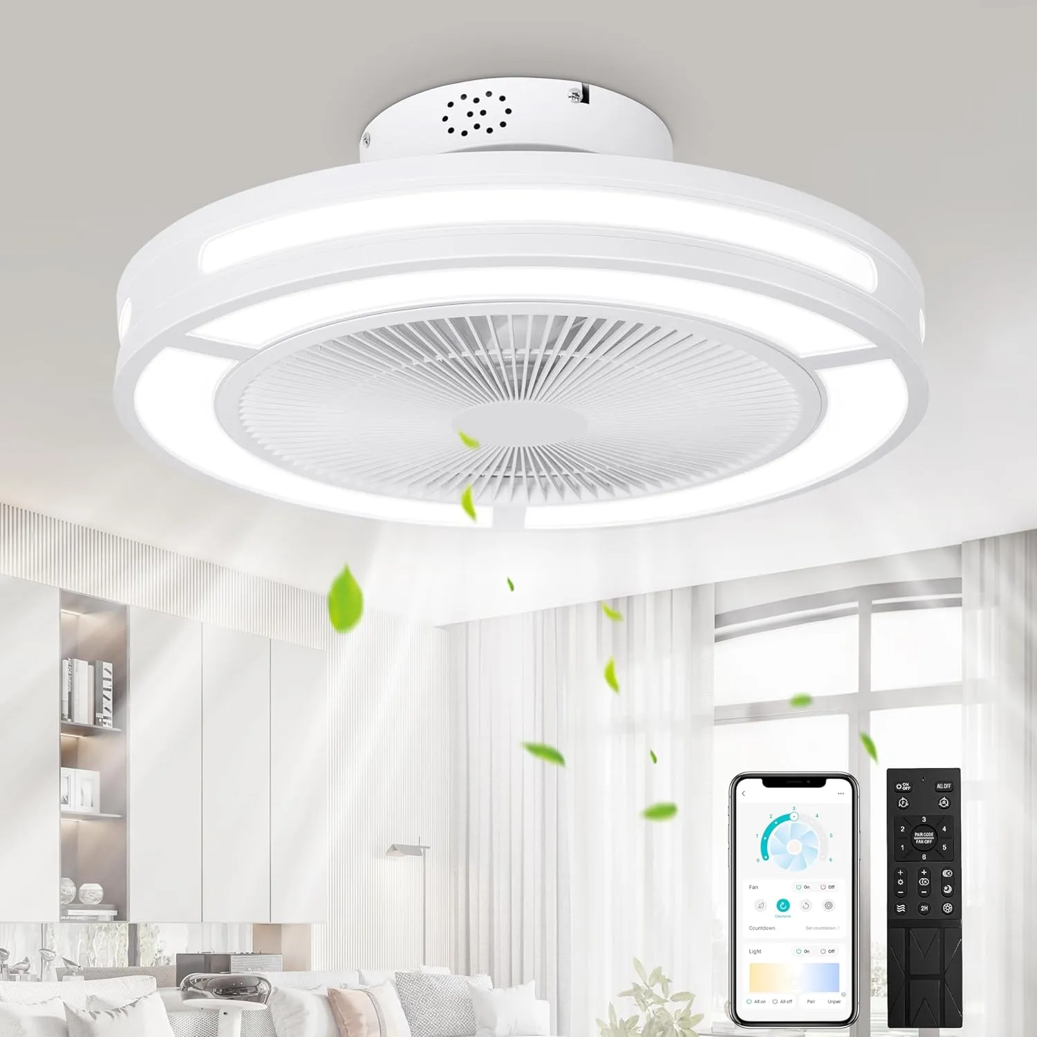 Ohniyou Low Profile Ceiling Fan with Light, 19'' Small Flush Mount Ceiling Fan, Modern Bladeless Enclosed Ceiling Fans with Dimmable LED Light and Remote for Bedroom, Kid Room, Living Room (White) Small bladeless fan for quiet cooling