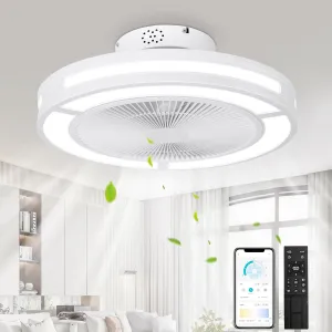 Ohniyou Low Profile Ceiling Fan with Light, 19'' Small Flush Mount Ceiling Fan, Modern Bladeless Enclosed Ceiling Fans with Dimmable LED Light and Remote for Bedroom, Kid Room, Living Room (White) Small bladeless fan for quiet cooling