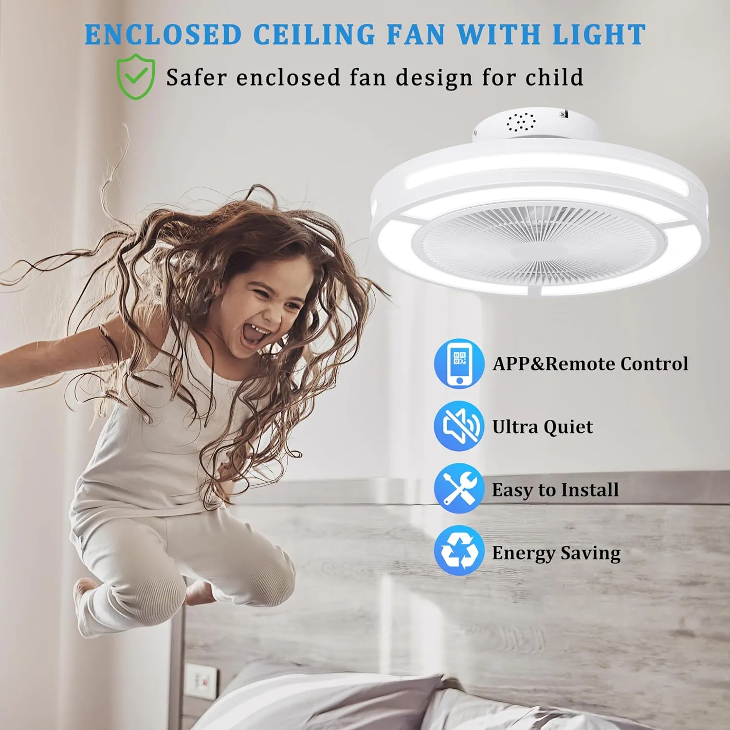 Ohniyou Low Profile Ceiling Fan with Light, 19'' Small Flush Mount Ceiling Fan, Modern Bladeless Enclosed Ceiling Fans with Dimmable LED Light and Remote for Bedroom, Kid Room, Living Room (White)