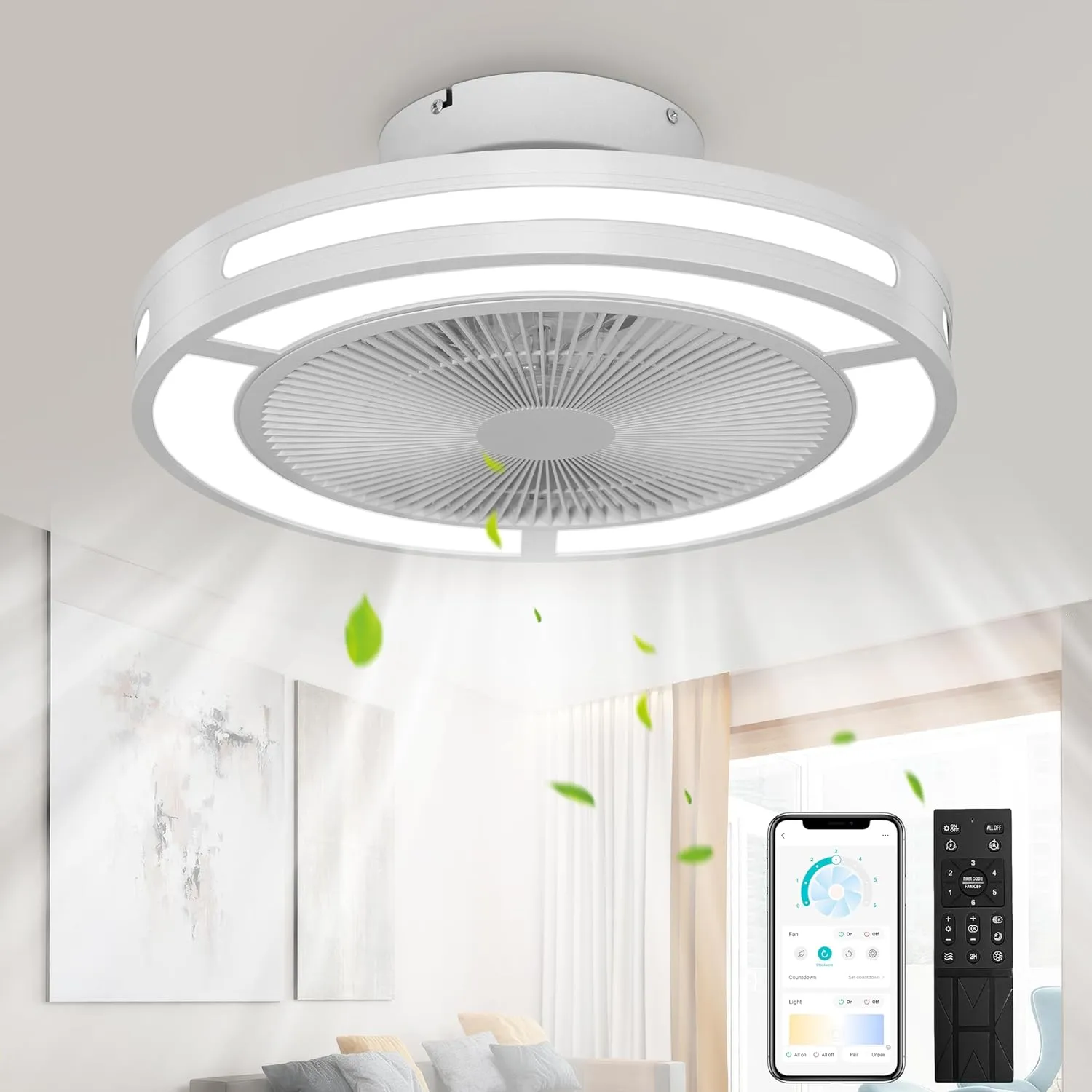 Ohniyou Low Profile Ceiling Fan with Light, 19'' Small Flush Mount Ceiling Fan, Modern Bladeless Enclosed Ceiling Fans with Dimmable LED Light and Remote for Bedroom, Living Room (Silver) Small bladeless fan for quiet cooling