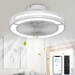 Ohniyou Low Profile Ceiling Fan with Light, 19'' Small Flush Mount Ceiling Fan, Modern Bladeless Enclosed Ceiling Fans with Dimmable LED Light and Remote for Bedroom, Living Room (Silver) Small bladeless fan for quiet cooling