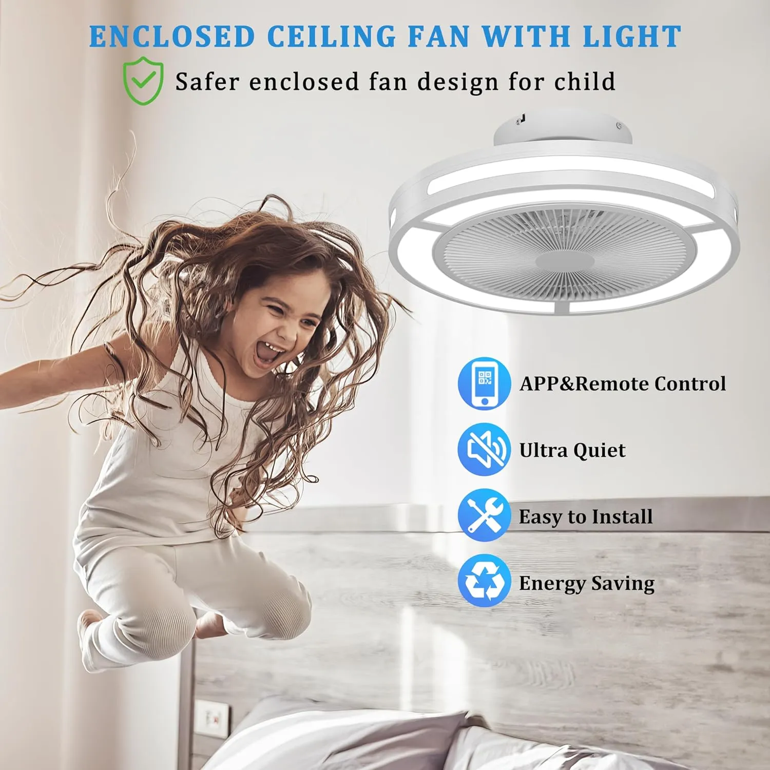 Ohniyou Low Profile Ceiling Fan with Light, 19'' Small Flush Mount Ceiling Fan, Modern Bladeless Enclosed Ceiling Fans with Dimmable LED Light and Remote for Bedroom, Living Room (Silver)