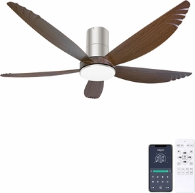 Ohniyou 58 Inch Ceiling Fan with Lights, 5 Blades Flush Mount Ceiling Fans with Remote/APP Control, Dimmable Indoor Outdoor Low Profile Ceiling Fan for Patios, Living Room, Bedroom, Shop App-controlled remote fan for convenience
