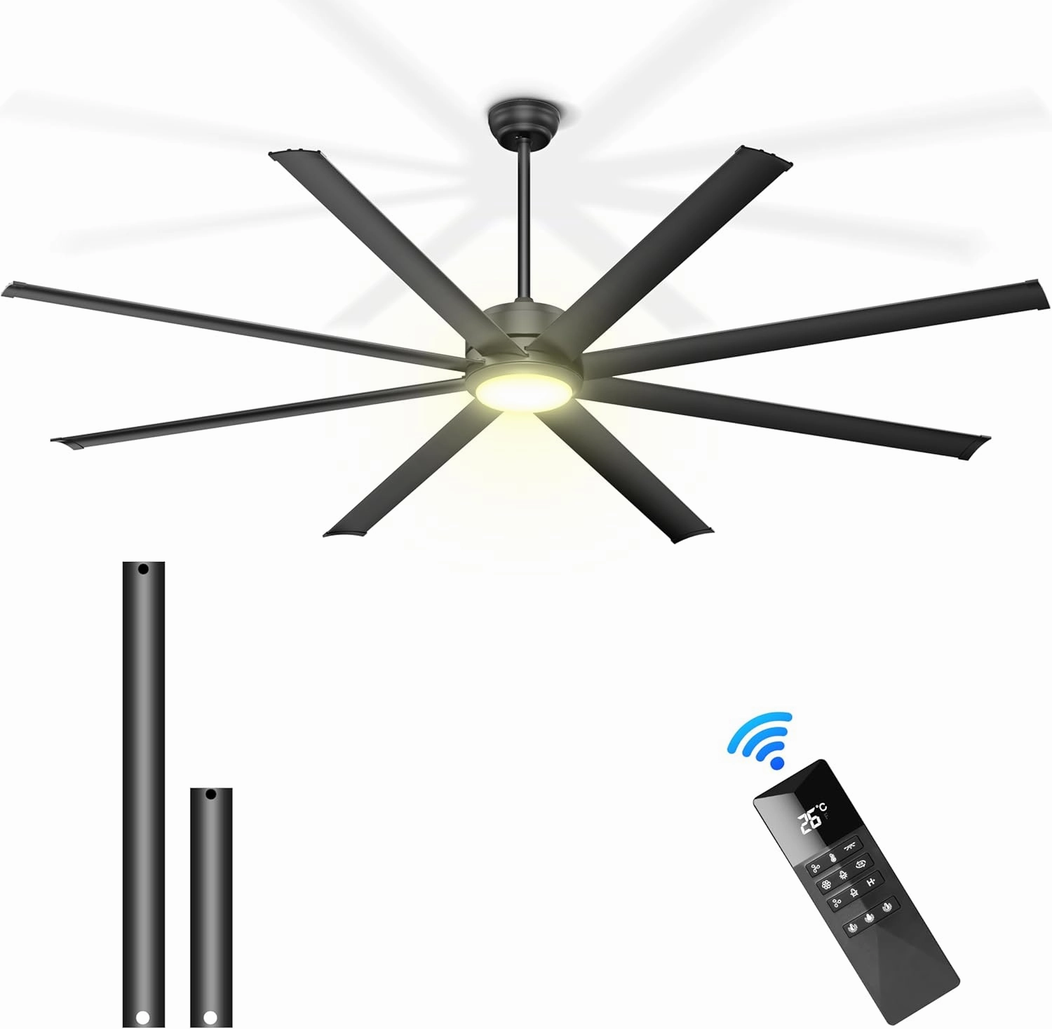 Ohniyou 84" Large Industrial Ceiling Fans with Lights, Remote Control Quiet DC Ceiling Fan, Dimmable Big Ceiling Fans for Outdoor Patio Shop Garage, Black App-controlled remote fan for convenience