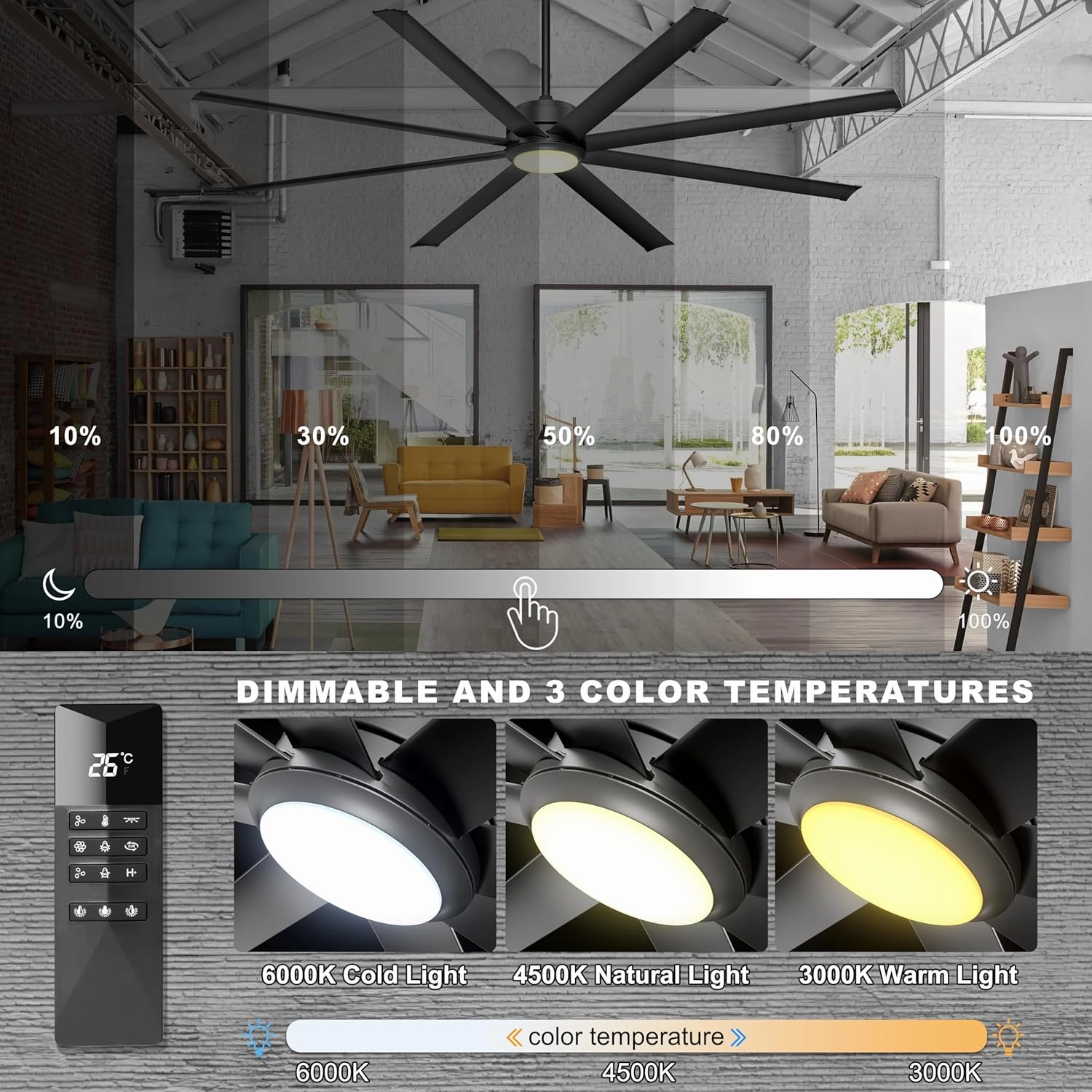 Ohniyou 84" Large Industrial Ceiling Fans with Lights, Remote Control Quiet DC Ceiling Fan, Dimmable Big Ceiling Fans for Outdoor Patio Shop Garage, Black