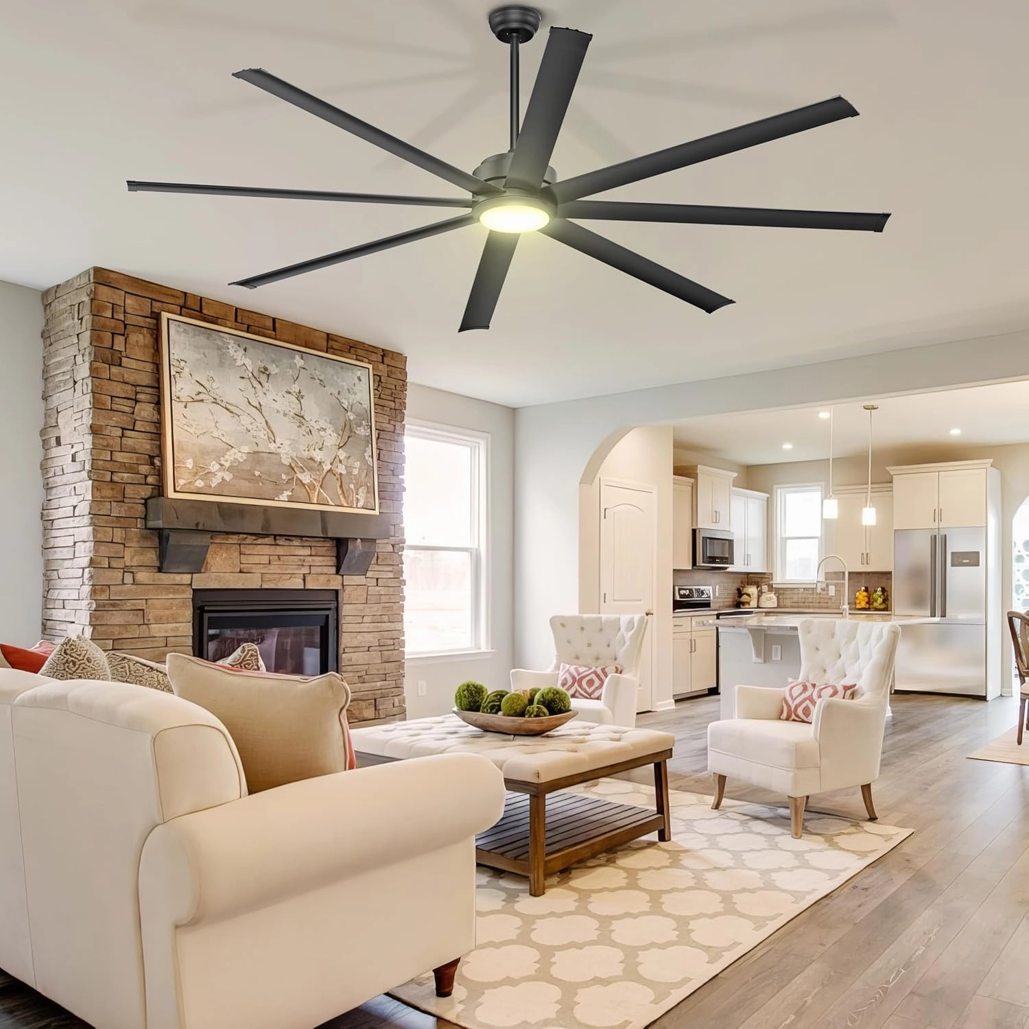 Ohniyou 84" Large Industrial Ceiling Fans with Lights, Remote Control Quiet DC Ceiling Fan, Dimmable Big Ceiling Fans for Outdoor Patio Shop Garage, Black