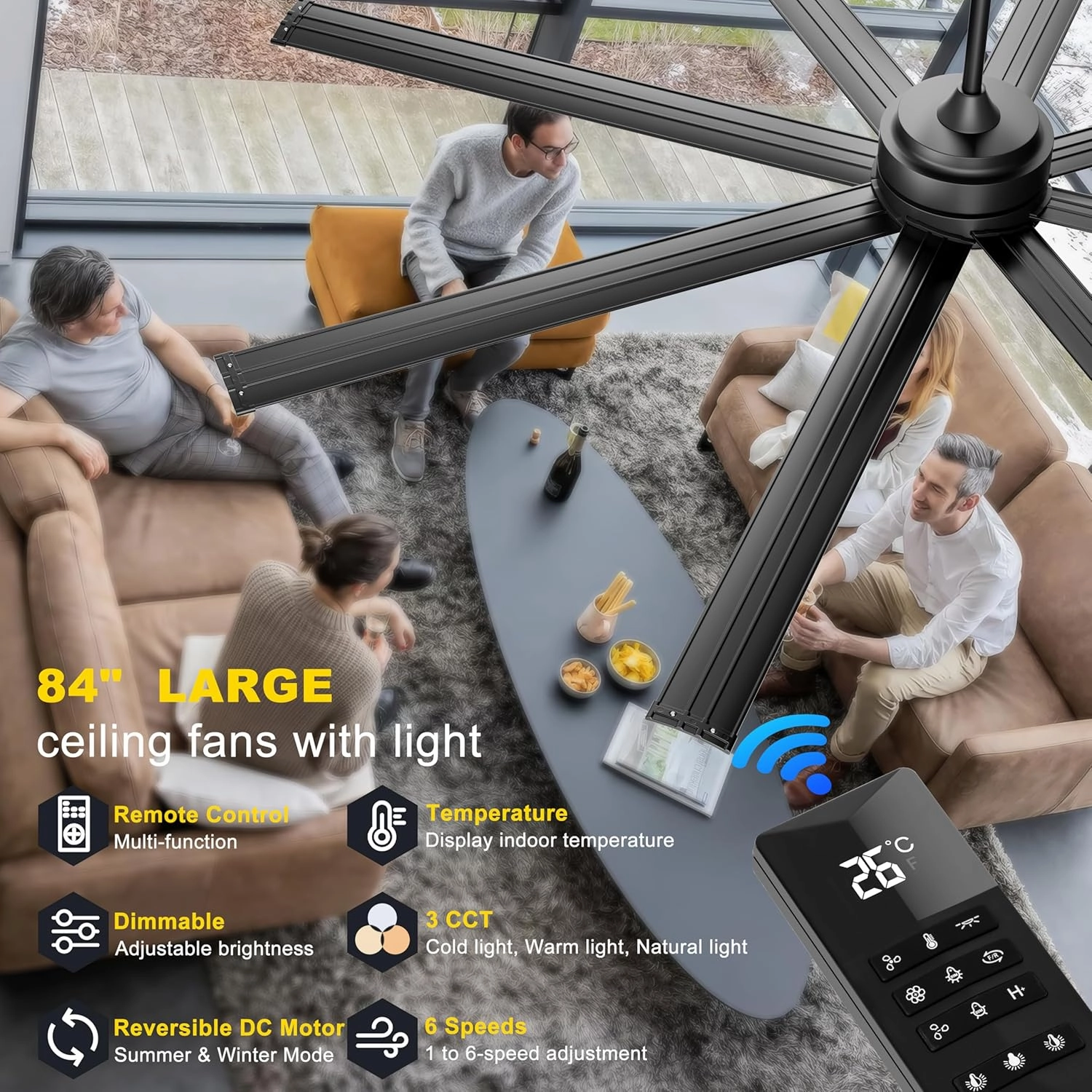 Ohniyou 84" Large Industrial Ceiling Fans with Lights, Remote Control Quiet DC Ceiling Fan, Dimmable Big Ceiling Fans for Outdoor Patio Shop Garage, Black
