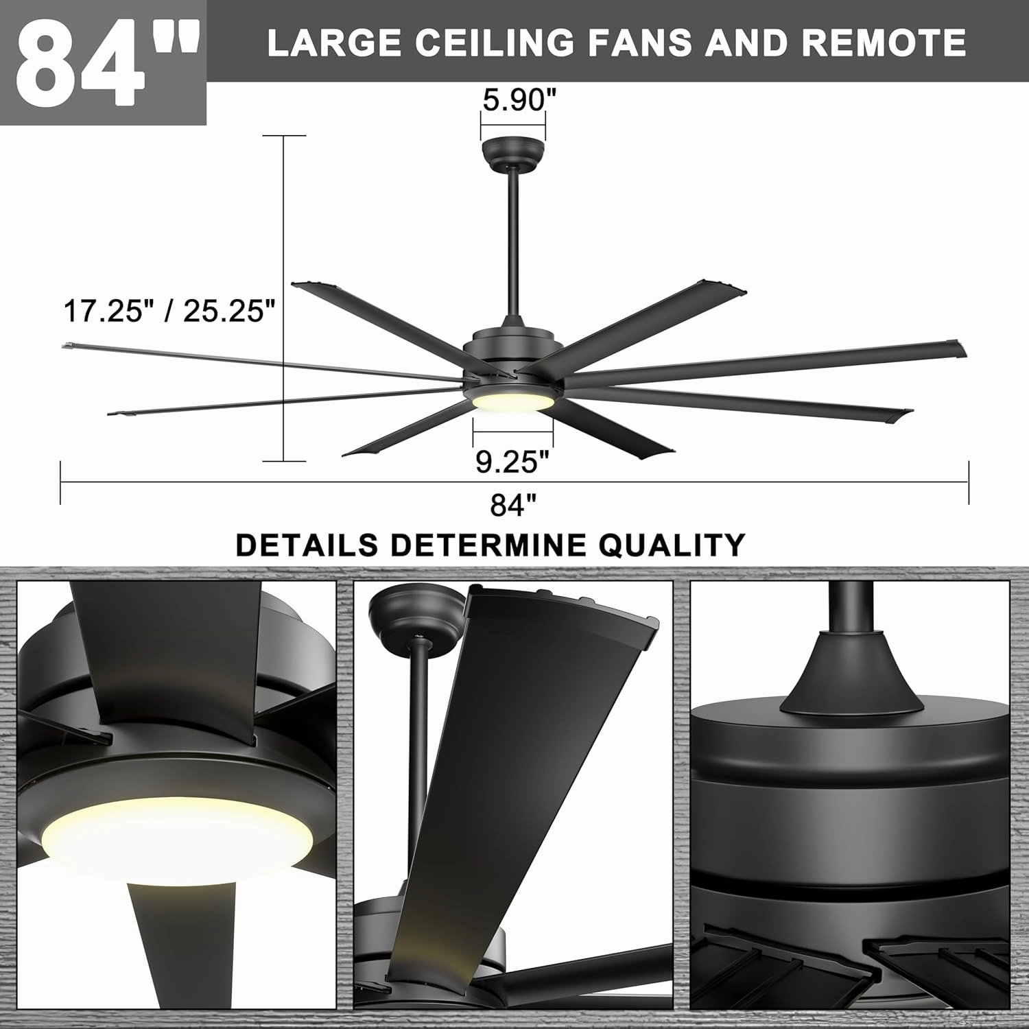 Ohniyou 84" Large Industrial Ceiling Fans with Lights, Remote Control Quiet DC Ceiling Fan, Dimmable Big Ceiling Fans for Outdoor Patio Shop Garage, Black