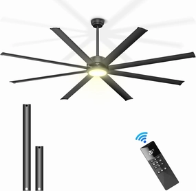 Ohniyou 84" Large Industrial Ceiling Fans with Lights, Remote Control Quiet DC Ceiling Fan, Dimmable Big Ceiling Fans for Outdoor Patio Shop Garage, Black App-controlled remote fan for convenience
