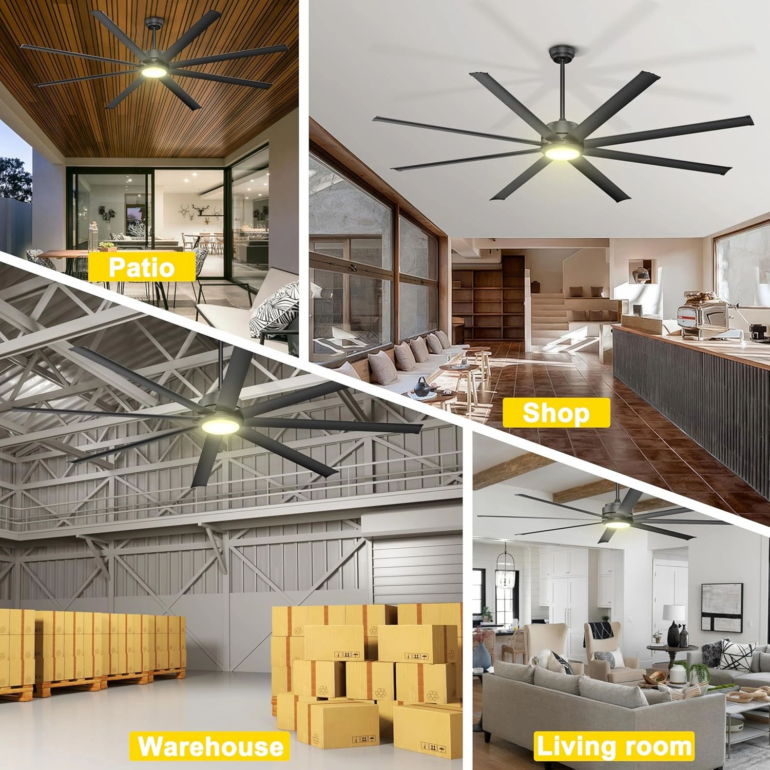 Ohniyou 84" Large Industrial Ceiling Fans with Lights, Remote Control Quiet DC Ceiling Fan, Dimmable Big Ceiling Fans for Outdoor Patio Shop Garage, Black