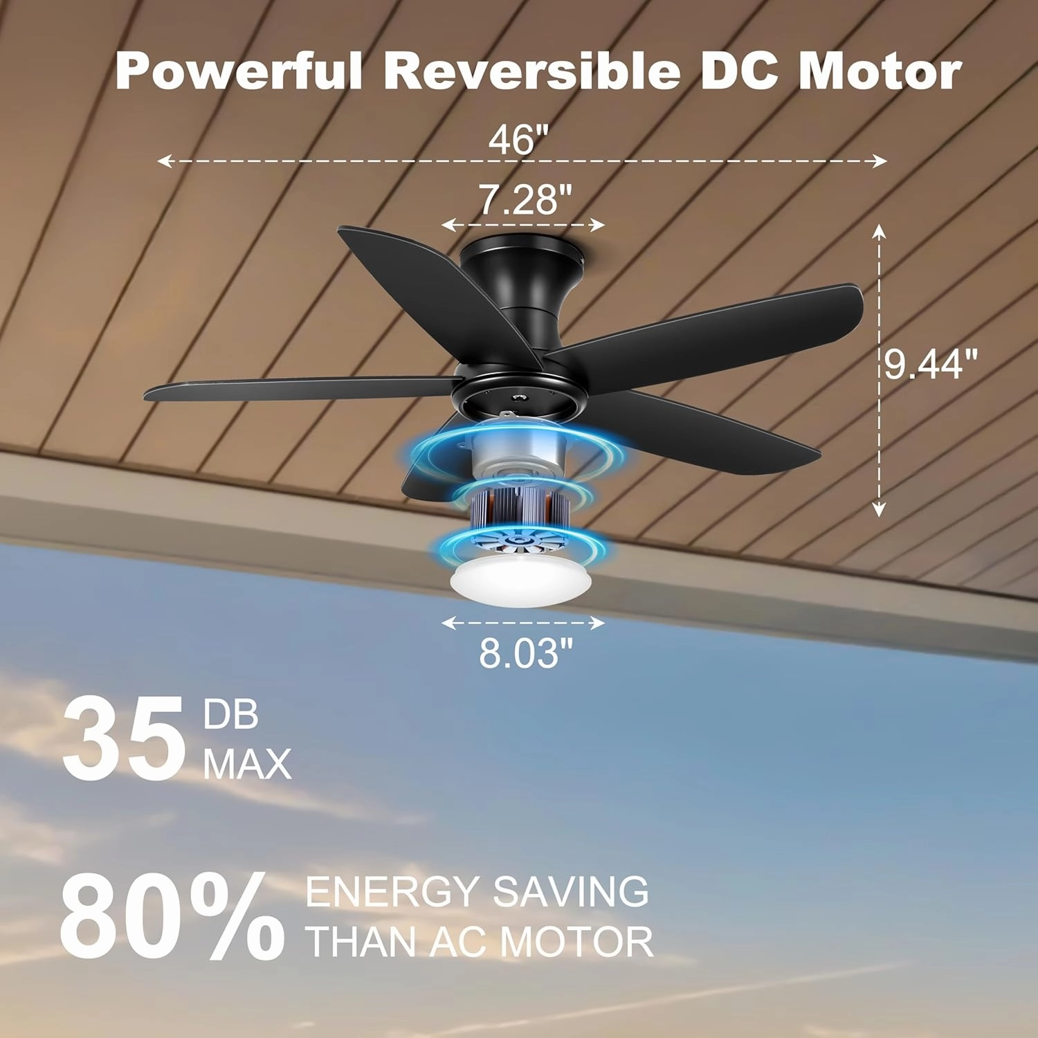 Ohniyou Ceiling Fan with Lights, 46" Flush Mount Ceiling Fans Remote/APP Control - Dimmable, Quiet DC Motor, Indoor Ceiling Fans for Bedroom Kitchen, Black