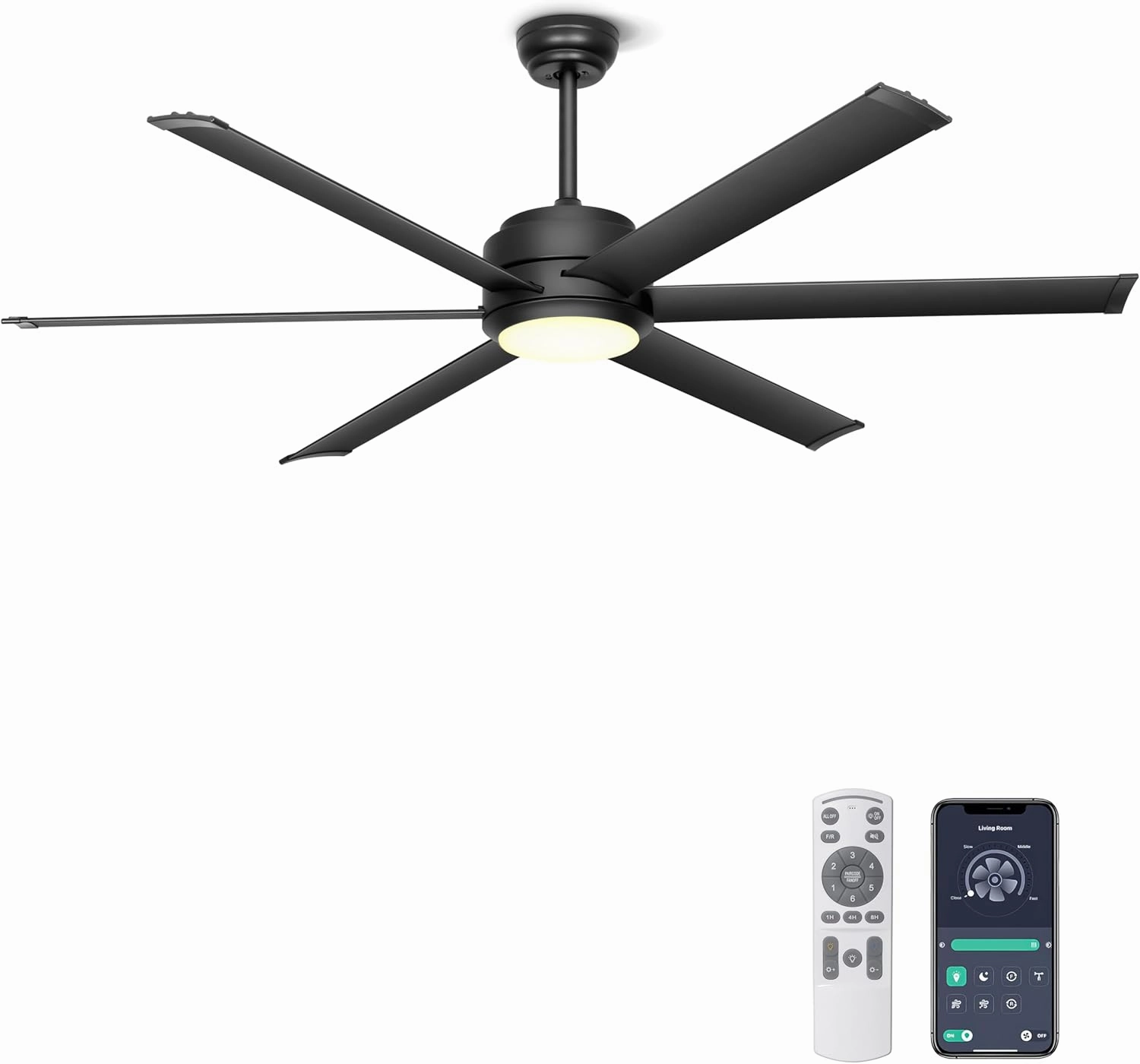Ohniyou Ceiling Fan with Lights - 60" Industrial Fan Remote & APP Control, Dimmable, DC Motor, Outdoor Ceiling Fan for Patio Living Room, Black App-controlled remote fan for convenience