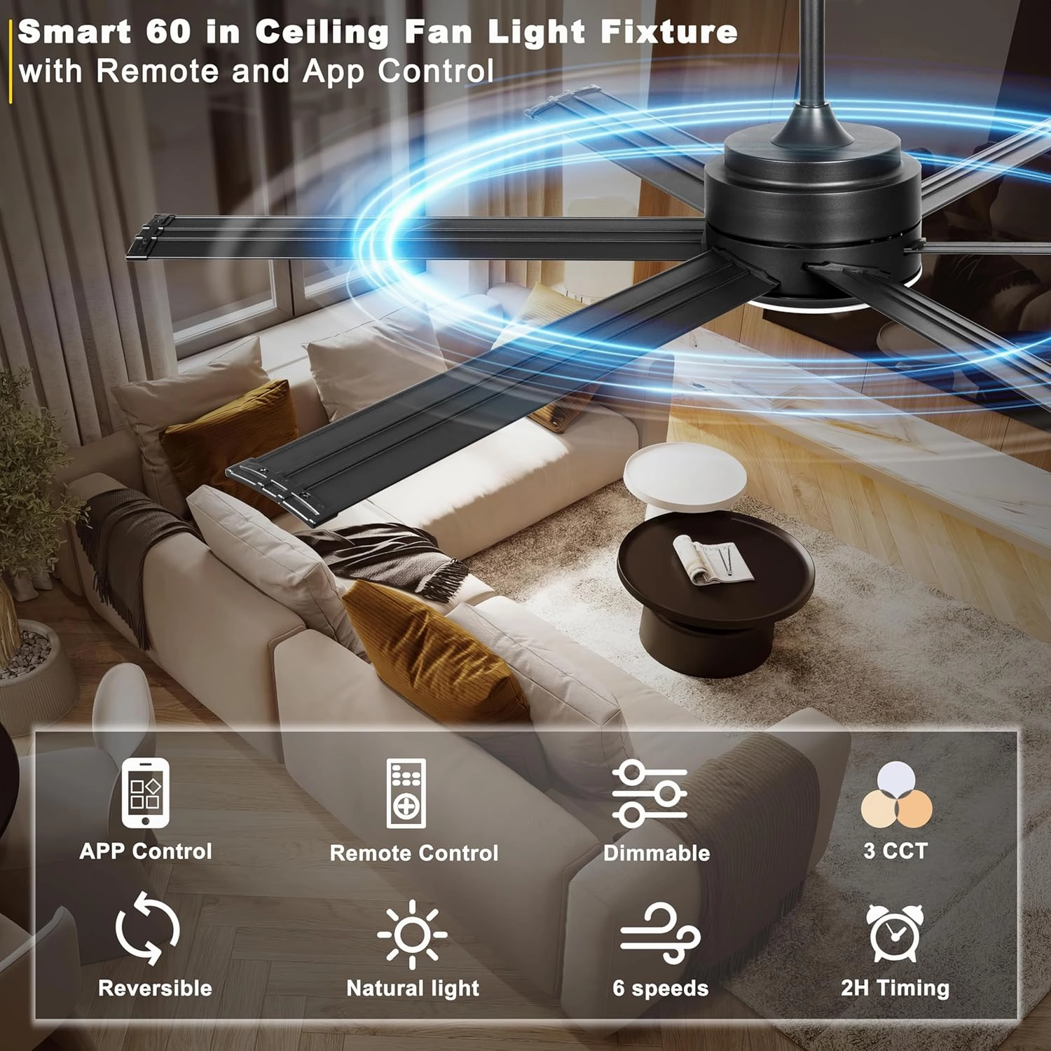 Ohniyou Ceiling Fan with Lights - 60" Industrial Fan Remote & APP Control, Dimmable, DC Motor, Outdoor Ceiling Fan for Patio Living Room, Black