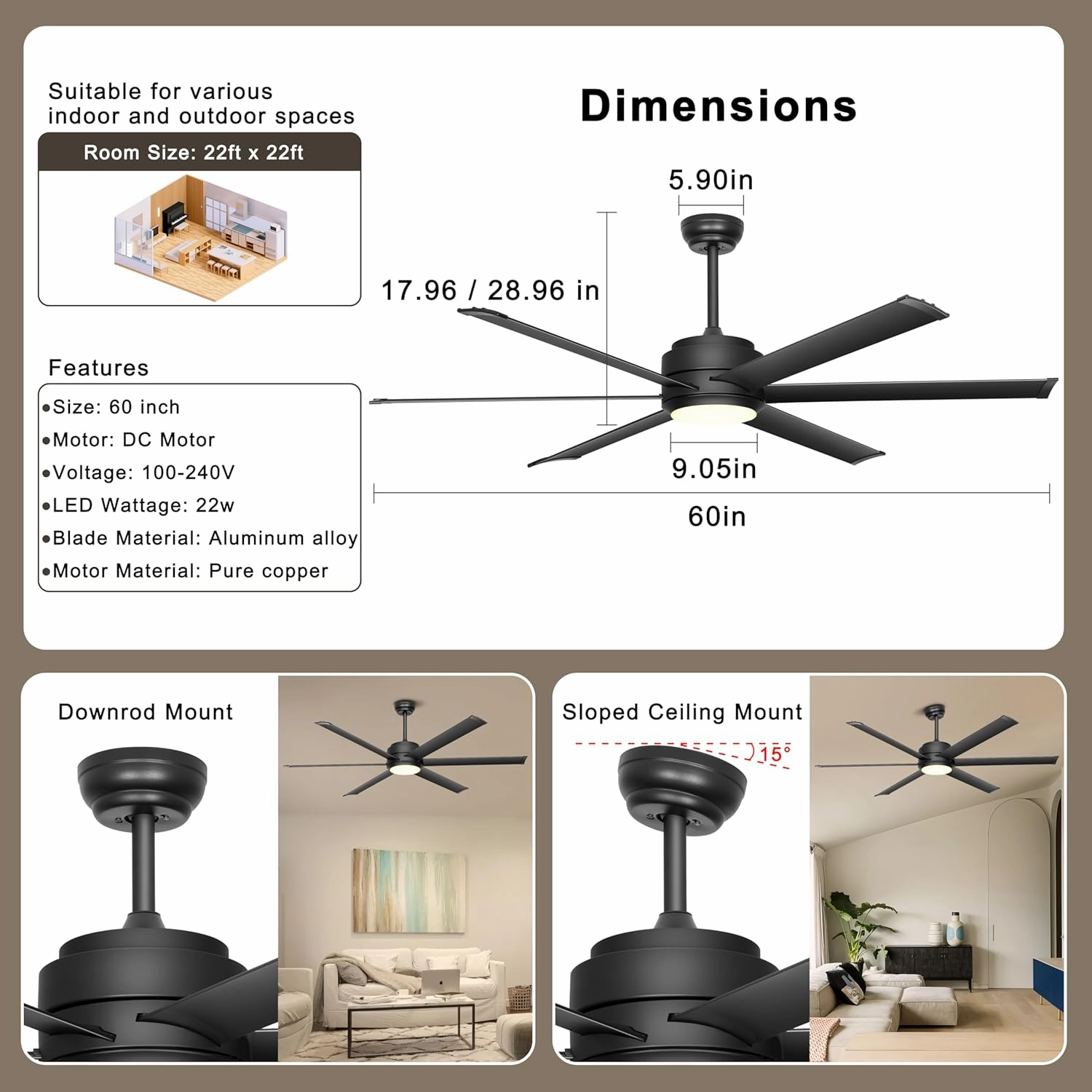 Ohniyou Ceiling Fan with Lights - 60" Industrial Fan Remote & APP Control, Dimmable, DC Motor, Outdoor Ceiling Fan for Patio Living Room, Black