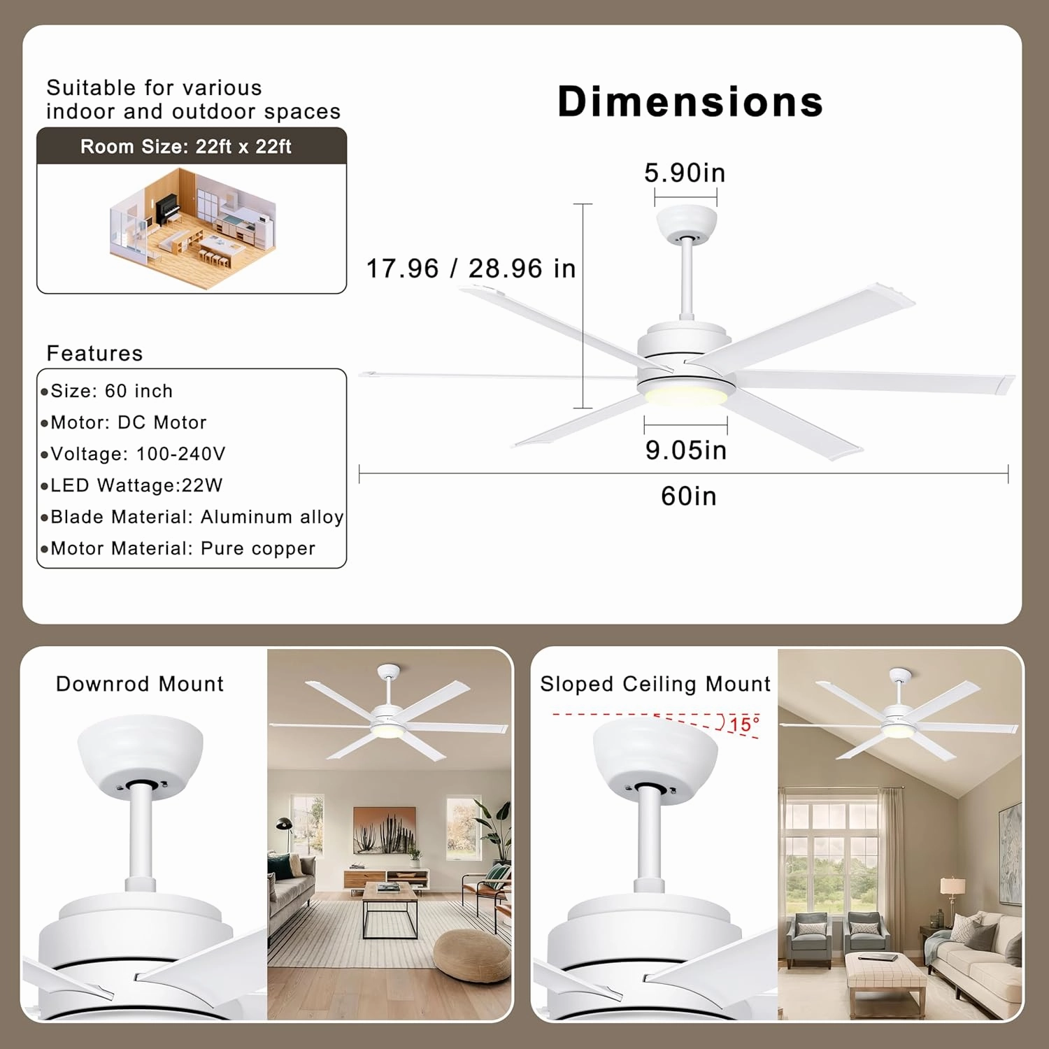 Ohniyou Ceiling Fan with Lights - 60" Industrial Fan Remote & APP Control, Dimmable, DC Motor, Outdoor Ceiling Fan for Patio Living Room, White