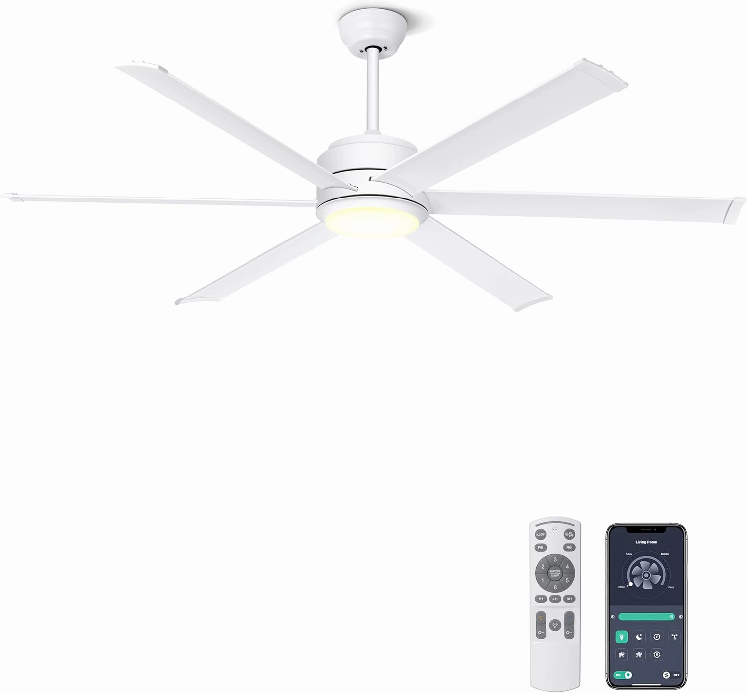 Ohniyou Ceiling Fan with Lights - 60" Industrial Fan Remote & APP Control, Dimmable, DC Motor, Outdoor Ceiling Fan for Patio Living Room, White App-controlled remote fan for convenience