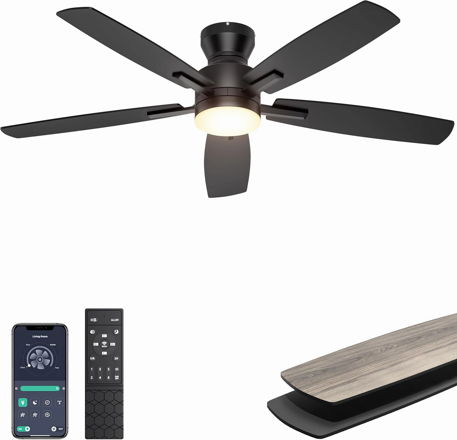 Ohniyou Ceiling Fans with Lights, 52'' Low Profile Ceiling Fan with Light and Remote/APP Control, Modern Flush Mount Ceiling Fan for Indoor Bedroom Living Room, Dimmable, Qiuet DC Motor, Black App-controlled remote fan for convenience